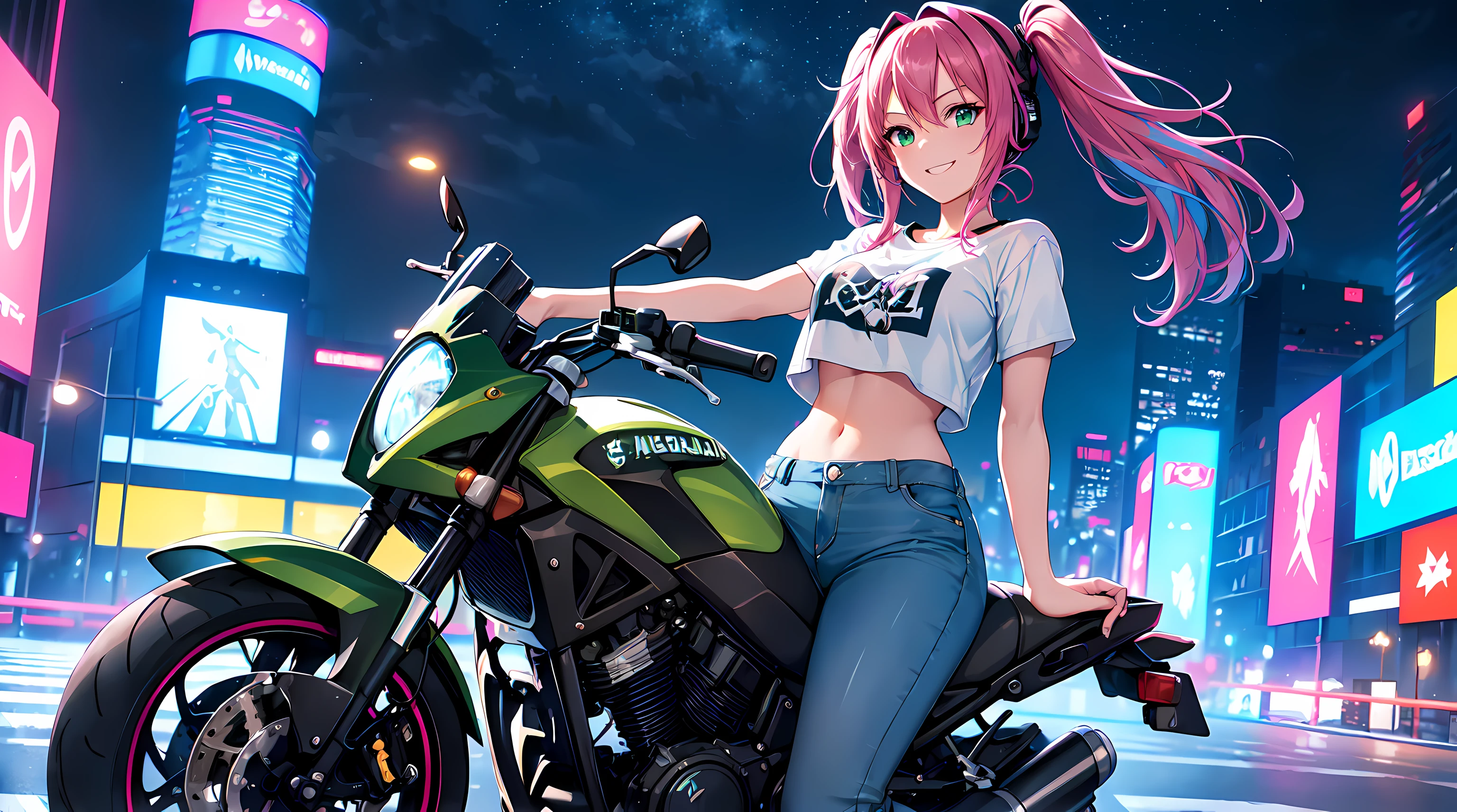 masterpiece, 1girl ((20year old, crop top shirt exposes navel, tight blue jeans, knee-high boots, medium breasts, multicolor pink hair, twin ponytails, green eyes, flirting, happy, big smile, looking towards camera, headphones, sitting on a Kawasaki motorcycle in the middle of a modern urban street, neon lights and towering skyscrapers, modern and energetic atmosphere), ((nighttime))
