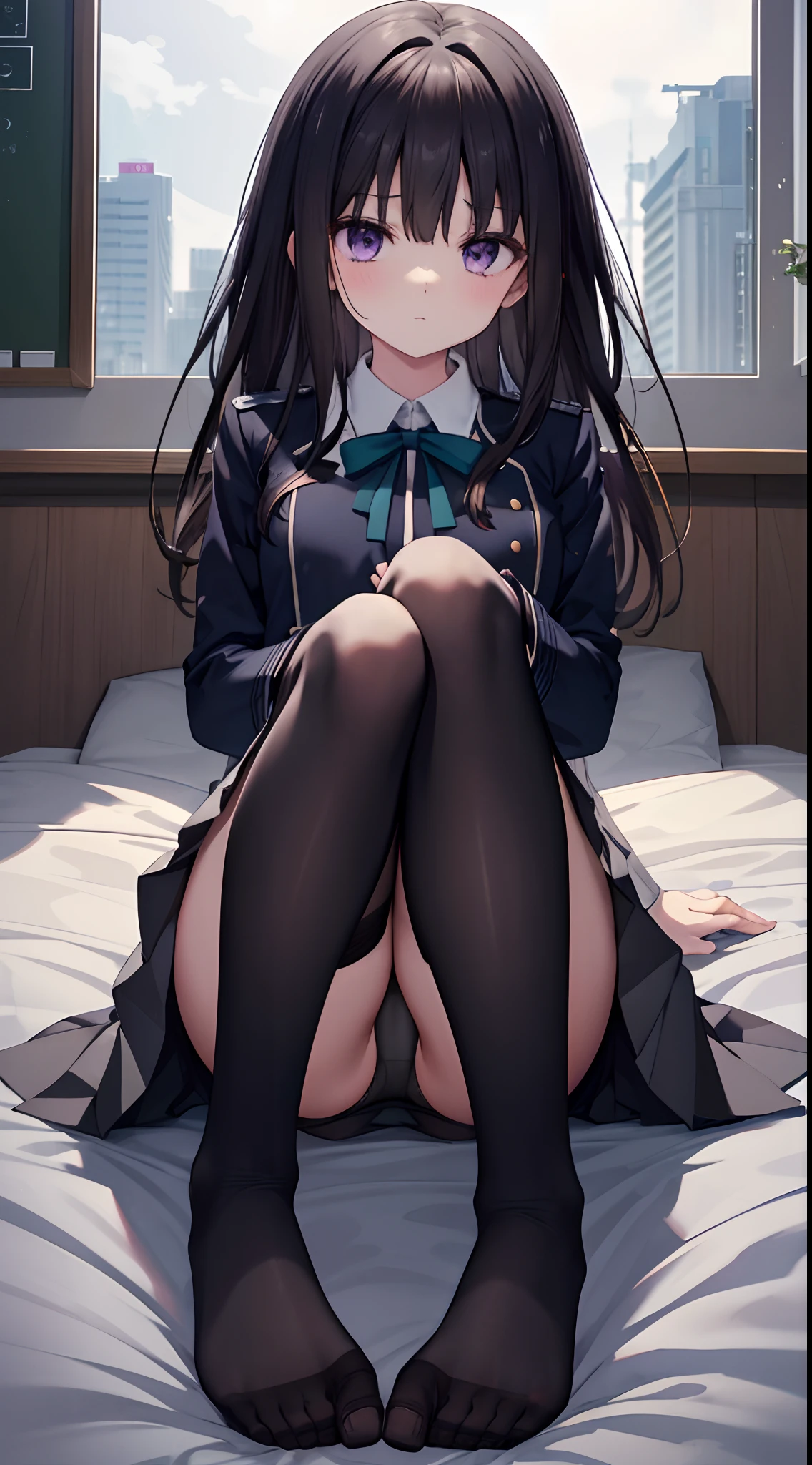 Takiinoue, Inoue Takina, Long hair, Bangs, Black hair, (Purple eyes:1.2), BREAK  shirt, Long sleeves, Dress, bow ribbon, School uniform, White shirt, Collared shirt, Belt bag, Neck ribbon, Blue Dress, Green Ribbon, pleated dress, grey dress, Two-tone dresses, Blue belt, Lycoris Uniform, ​masterpiece、top-quality、best、超A high resolution、intricate-detail、An ultra-fine illustrations、perfect anatomia、Correct anatomy、Full body of one girl、sitting in bedroom、perfectly proportions、face perfect、Hands are２Boken、perfect hand、The feet are in２Boken、perfect leg、5 fingers、Perfect fingers、With four thin fingers１Book thumb、small toes on the feet、24 year old、女の子1人、Whole body from head to leg、full body Esbian、Thin leg、small tits、sitting down on the floor、Put on the floor、laying on back、Opening legs、Inter-strands、Facing the front、Composition from below、M-shaped legs、Panchira、Inner thigh-sitting、Sit on the floor with bent knees and legs open、Front-facing、Lower body facing forward、Slender feet、Slender thighs、Slim toes、Full body portrait、red blush、Embarrassed look、A slightly sad look、Pure white panties、Black_Wearing white panties inside stockings、Wearing white panties inside black transparent stockings、Wearing white panties inside black stockings、Wearing white panties inside black pantyhose、Wearing white panties inside black lace pantyhose、Wearing white panties inside stockings with black lenses、Wearing black light pantyhose and white panties、Wearing black transparent pantyhose and white panties、No shoes、No shoes on、pure white under black stockings,_panties on、Panties are visible from the skirt、No shoes、No shoes on、snow-white panties under black stockings、Panties are visible from the skirt、Blazer Uniform、Bedrooms、in a house、during daytime、（small tits）、((full body Esbian))、​masterpiece、（top-quality）