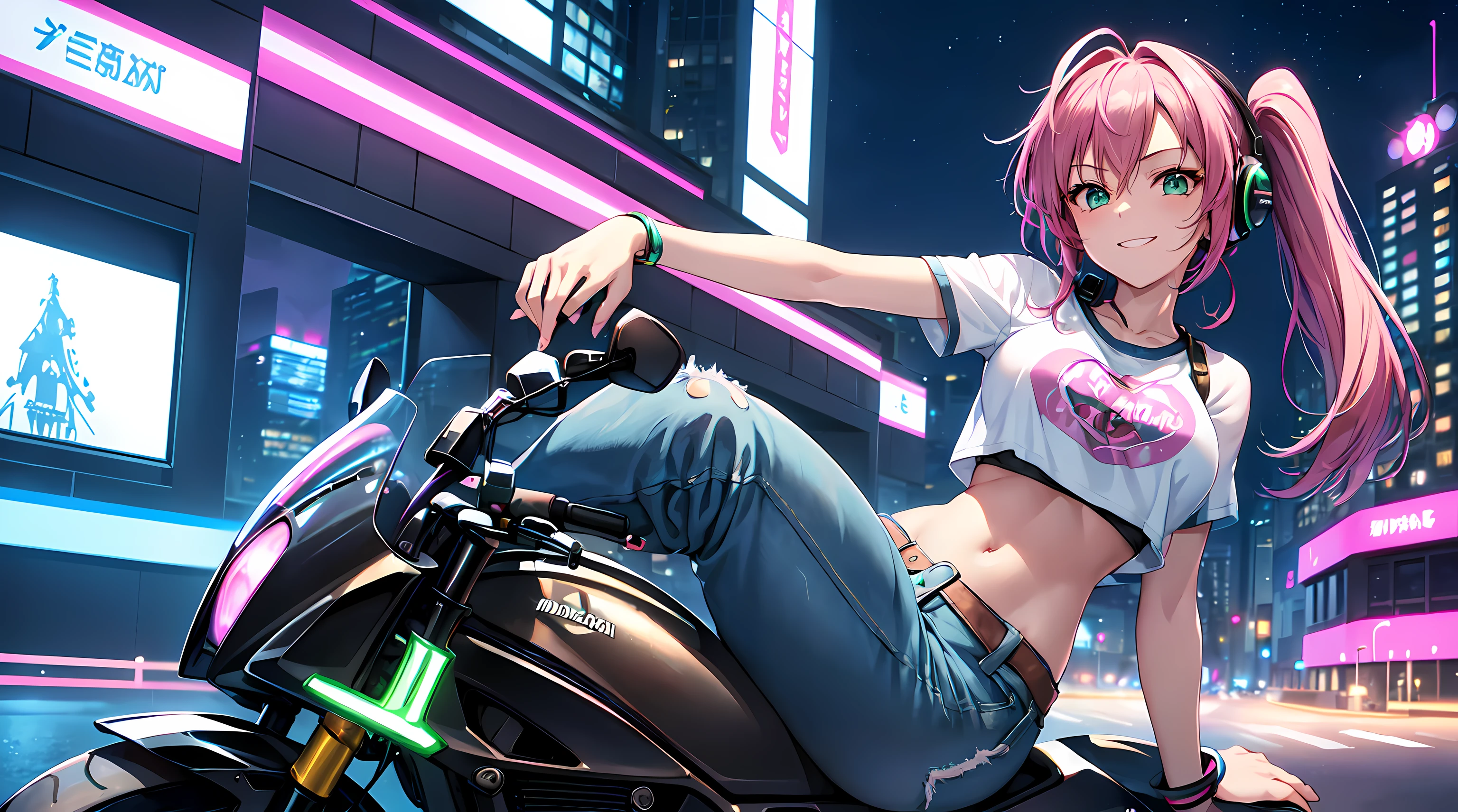 masterpiece, 1girl ((20year old, crop top tshirt exposes navel, tight blue jeans, boots, medium breasts, multicolor pink hair, twin ponytails, green eyes, flirting, happy, big smile, looking towards camera, headphones, riding a Kawasaki motorcycle in the middle of a modern urban street, neon lights and towering skyscrapers, modern and energetic atmosphere), ((nighttime))