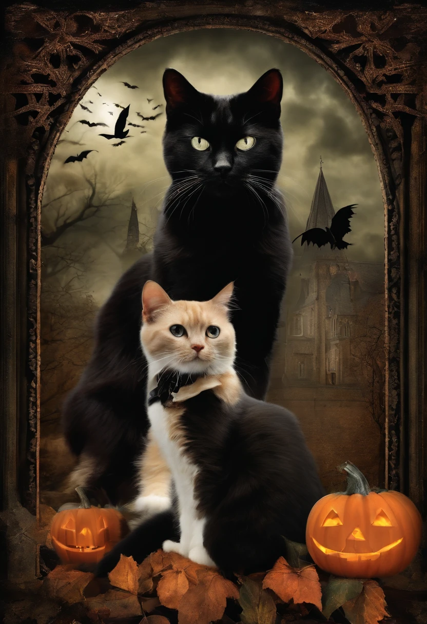 Halloween Gothic Collage Wall Art Style with Cats Vintage Dark Academy