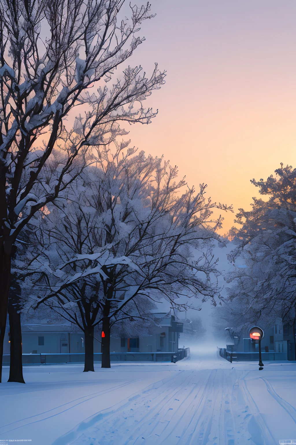 (best quality,4k,8k,highres,masterpiece:1.2),ultra-detailed,(realistic,photorealistic,photo-realistic:1.37),the last sunset before leaving,winter sky at sunset,soft colors,pink orange,blue,mist,rows of trees and buildings,peaceful atmosphere,serene winter landscape,subtle hues,receding sunlight,golden hour,quiet streets,gentle breeze,kiss of warmth,city silhouette,icy branches,elegant architecture,wistful mood,majestic skyline,little snowflakes dancing,final goodbye.