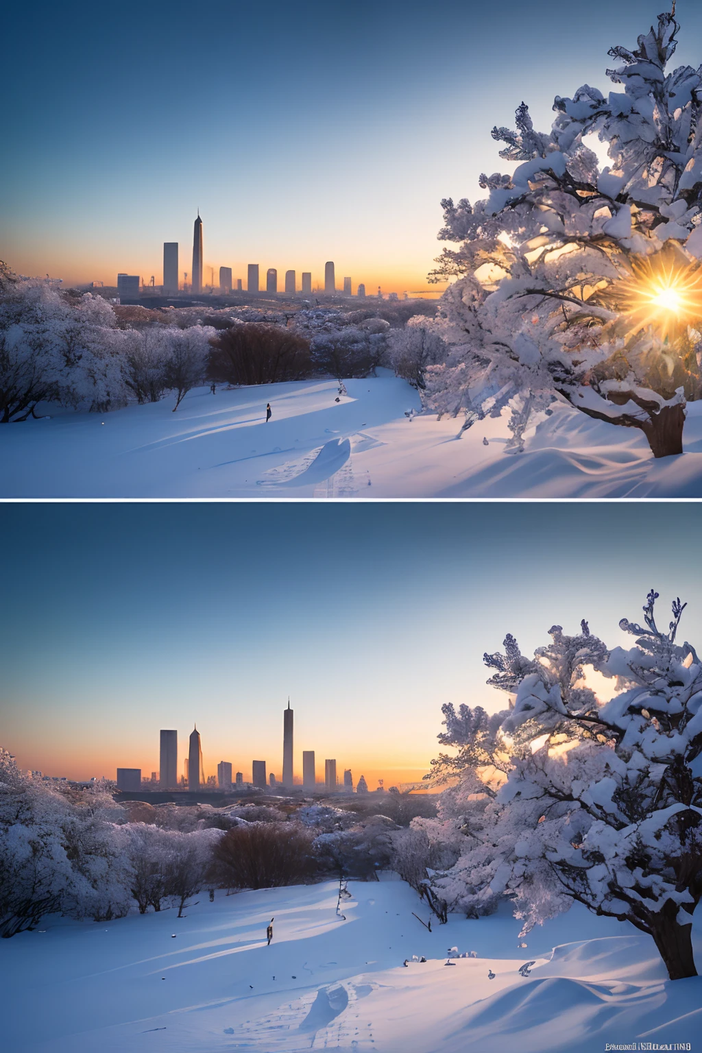 (best quality,4k,8k,highres,masterpiece:1.2),ultra-detailed,(realistic,photorealistic,photo-realistic:1.37),the last sunset before leaving,winter sky at sunset,soft colors,pink orange,blue,mist,rows of trees and buildings,peaceful atmosphere,serene winter landscape,subtle hues,receding sunlight,golden hour,quiet streets,gentle breeze,kiss of warmth,city silhouette,icy branches,elegant architecture,wistful mood,majestic skyline,little snowflakes dancing,final goodbye.