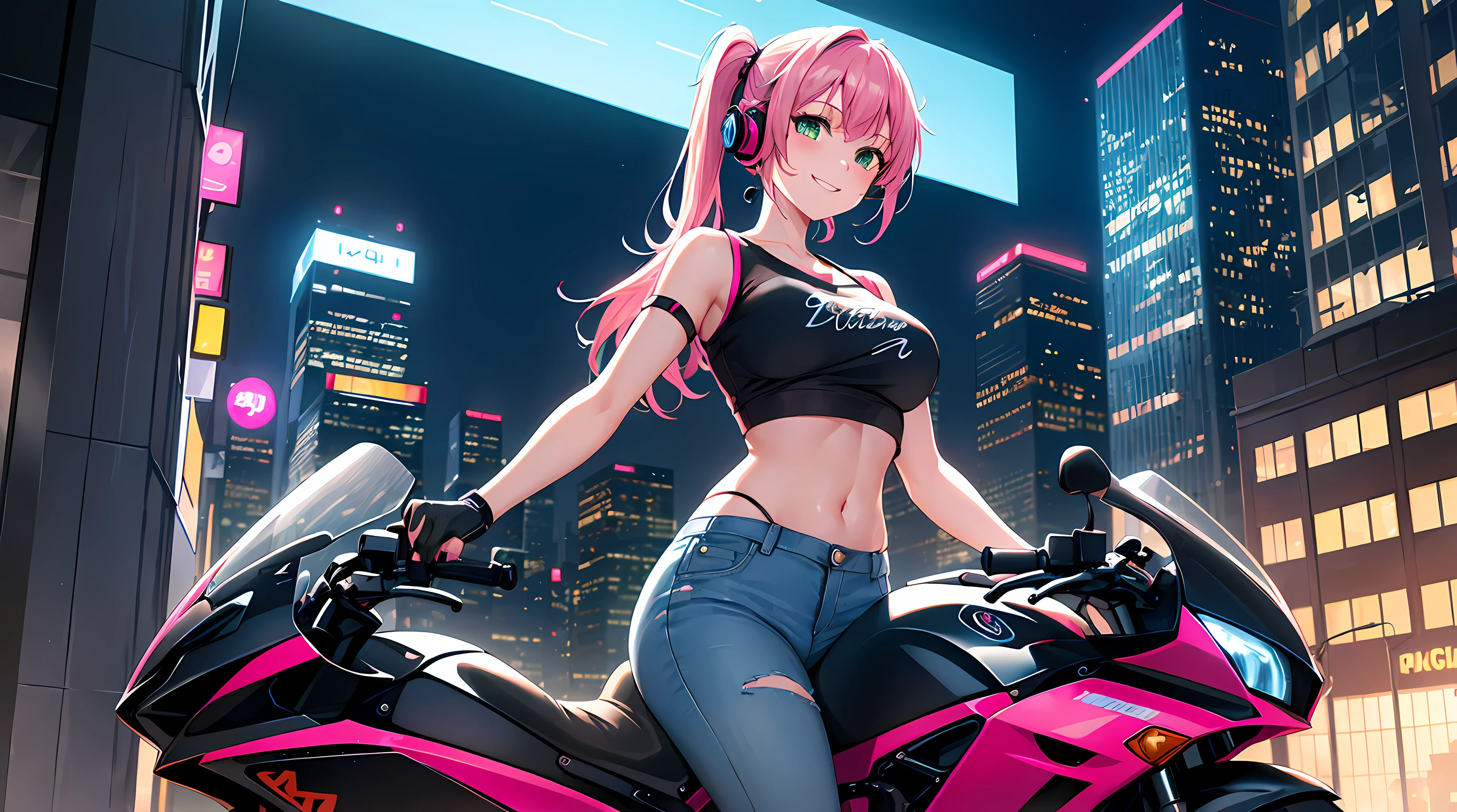 Hiten_kei style, oil painting, oil painting, rough style, desert, neon light signage, cyberpunk, cactus, (1girl), extreme detailed, dull, highest detailed, unity 8k wallpaper, ultra detailed, masterpiece, best quality, topless, nipples, stomach, helmet, goggles, latex skirt, leather belt, waist pouch, sleeveless, bare shoulder, salmon pink hair, ponytail, long hair, smiling, small breasts, motorcycle, wet body, open mouth, armpit, upper teeth visible