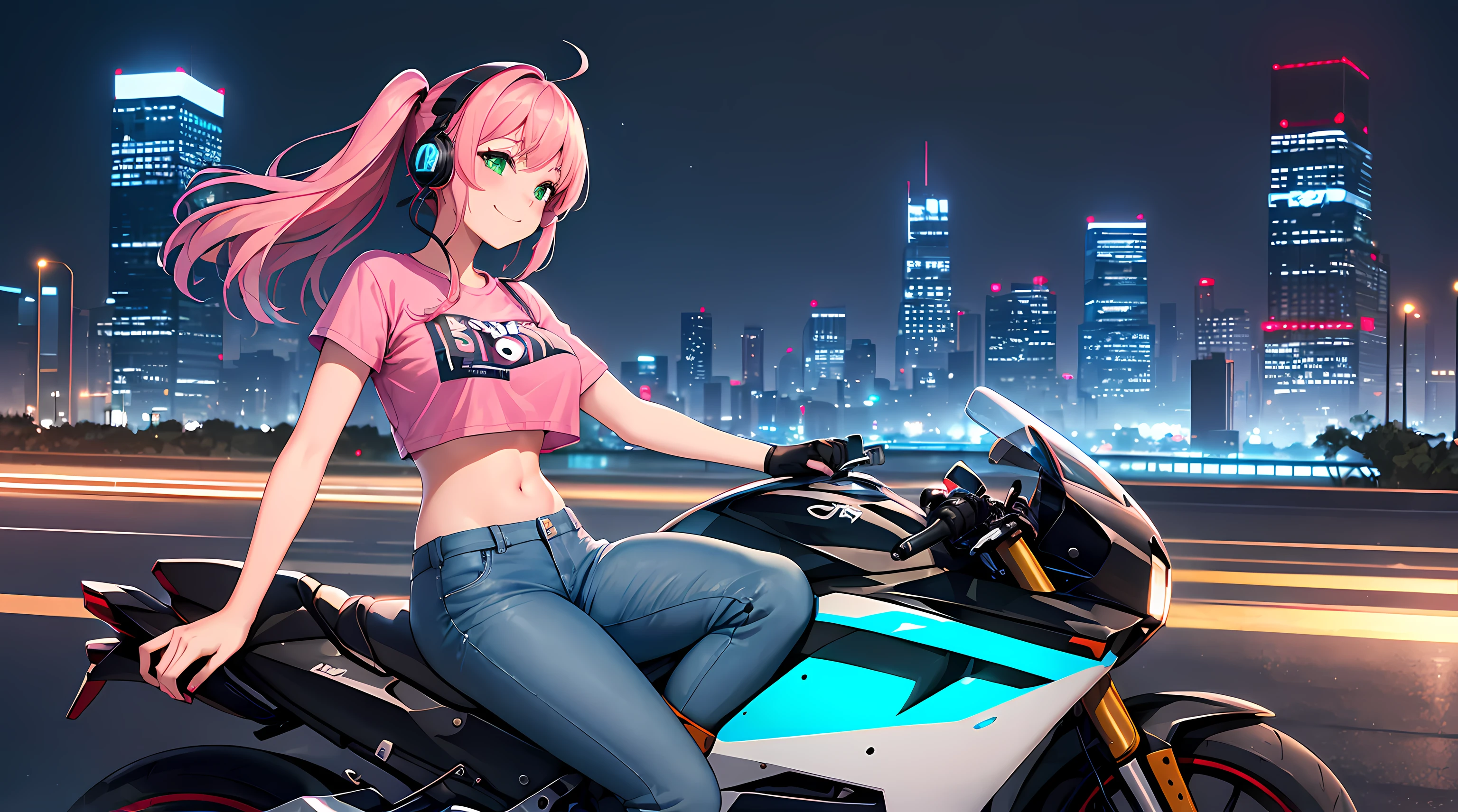 ​masterpiece, 1girl ((20year old, crop top tshirt exposes navel, tight blue jeans, boots, medium breasts, multicolor pink hair, twin ponytails, green eyes, flirting, happy, big smile, looking towards camera, headphones, riding a futuristic  motorcycle in the middle of a modern urban street, neon lights and towering skyscrapers, modern and energetic atmosphere), ((nighttime))