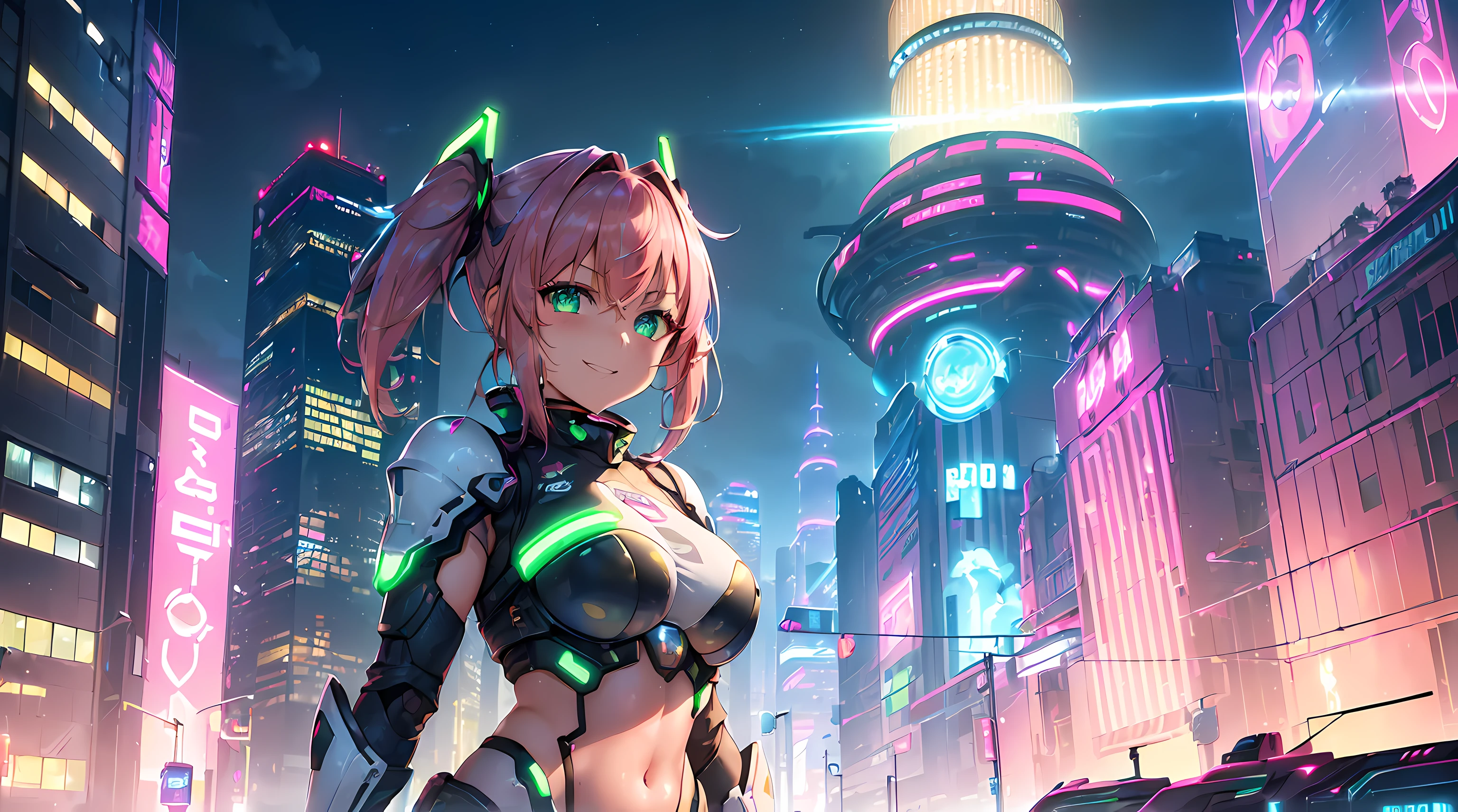 masterpiece, 1girl ((20year old, futuristic mech armor exposes navel, medium breasts, multicolor pink hair, twin ponytails, green eyes, flirting, happy, big smile, looking towards camera, standing in the middle of a sci-fi futuristic urban street, neon lights and towering skyscrapers, futuristic and energetic atmosphere), ((nighttime))