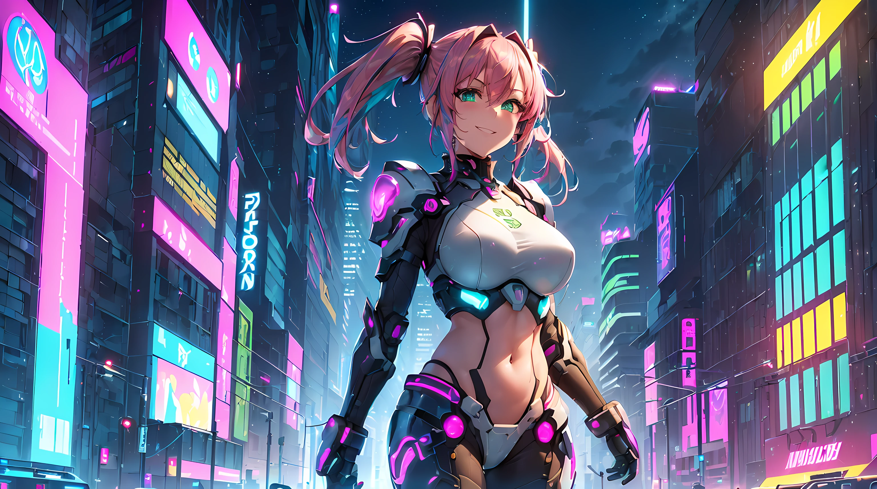 masterpiece, 1girl ((20year old, futuristic mech armor exposes navel, medium breasts, multicolor pink hair, twin ponytails, green eyes, flirting, happy, big smile, looking towards camera, standing in the middle of a sci-fi futuristic urban street, neon lights and towering skyscrapers, futuristic and energetic atmosphere), ((nighttime))