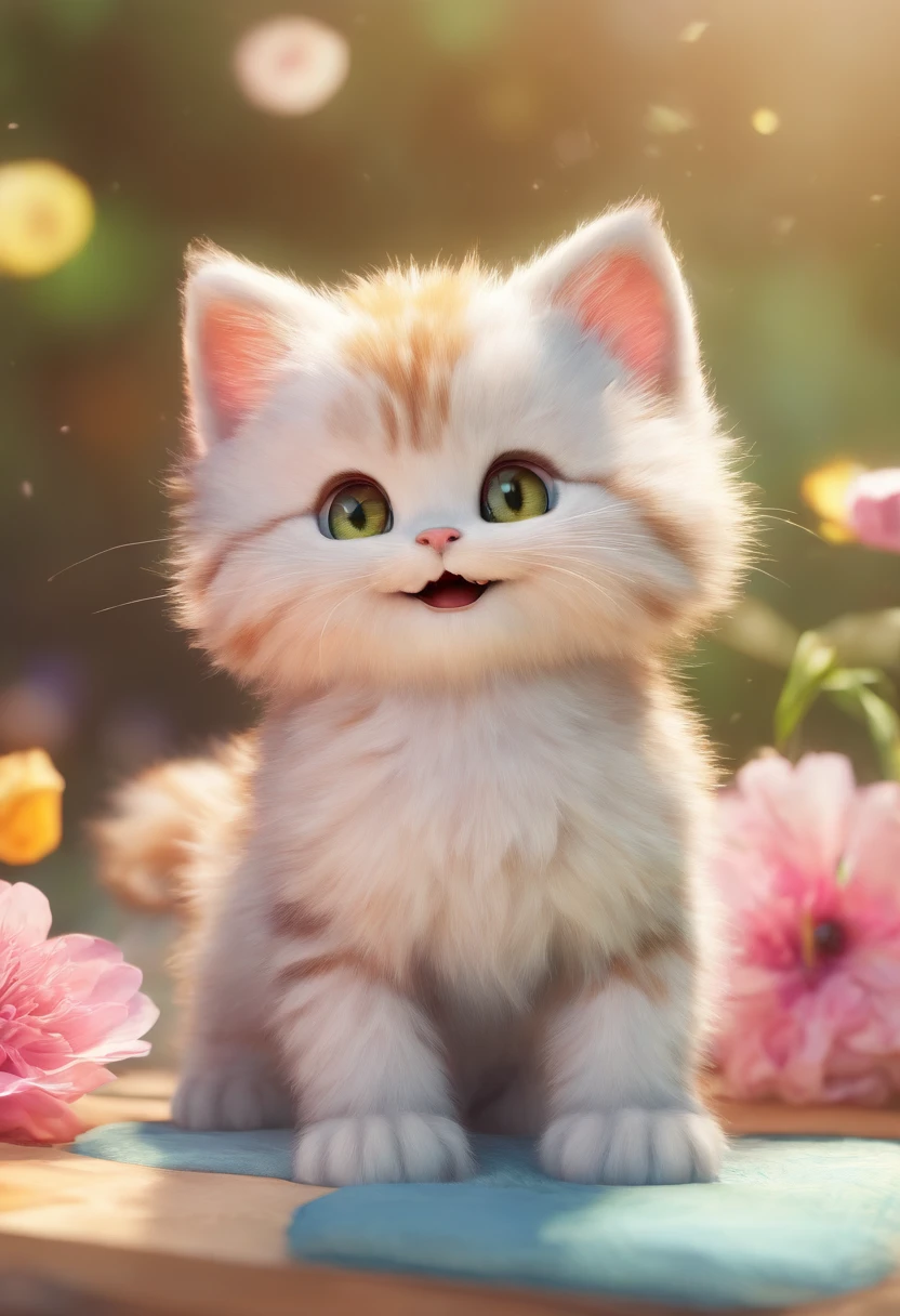 a laughing kitten,sketch,playful,warm lighting,soft textures,(best quality,ultra-detailed,realistic),pencil strokes,vivid colors,whiskers,curious eyes,cute expression,spring flowers,joyful energy,adorable poses,[watercolor effect],bright and lively