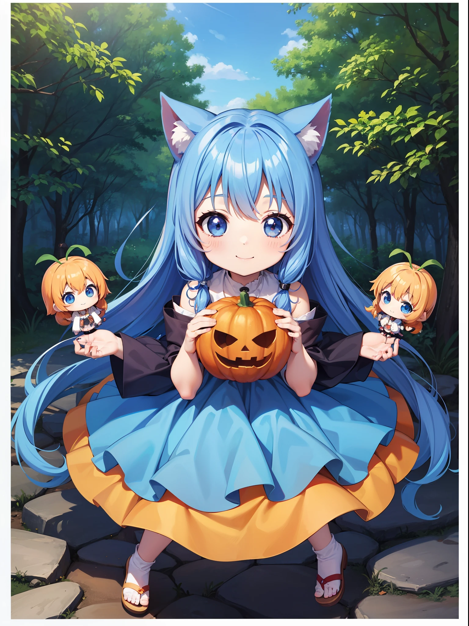 Chibichara in woods Pumpkin lantern Halloween long hair with blue hair((Chibi Chara))、Twin-tailed、A charming smile、Fluffy、girl with、Chibi Chara、Large in the center、Friends of the Forest、full body Esbian、Pastel colors hair、masutepiece、top-quality、(a picture Refreshing blue sky)