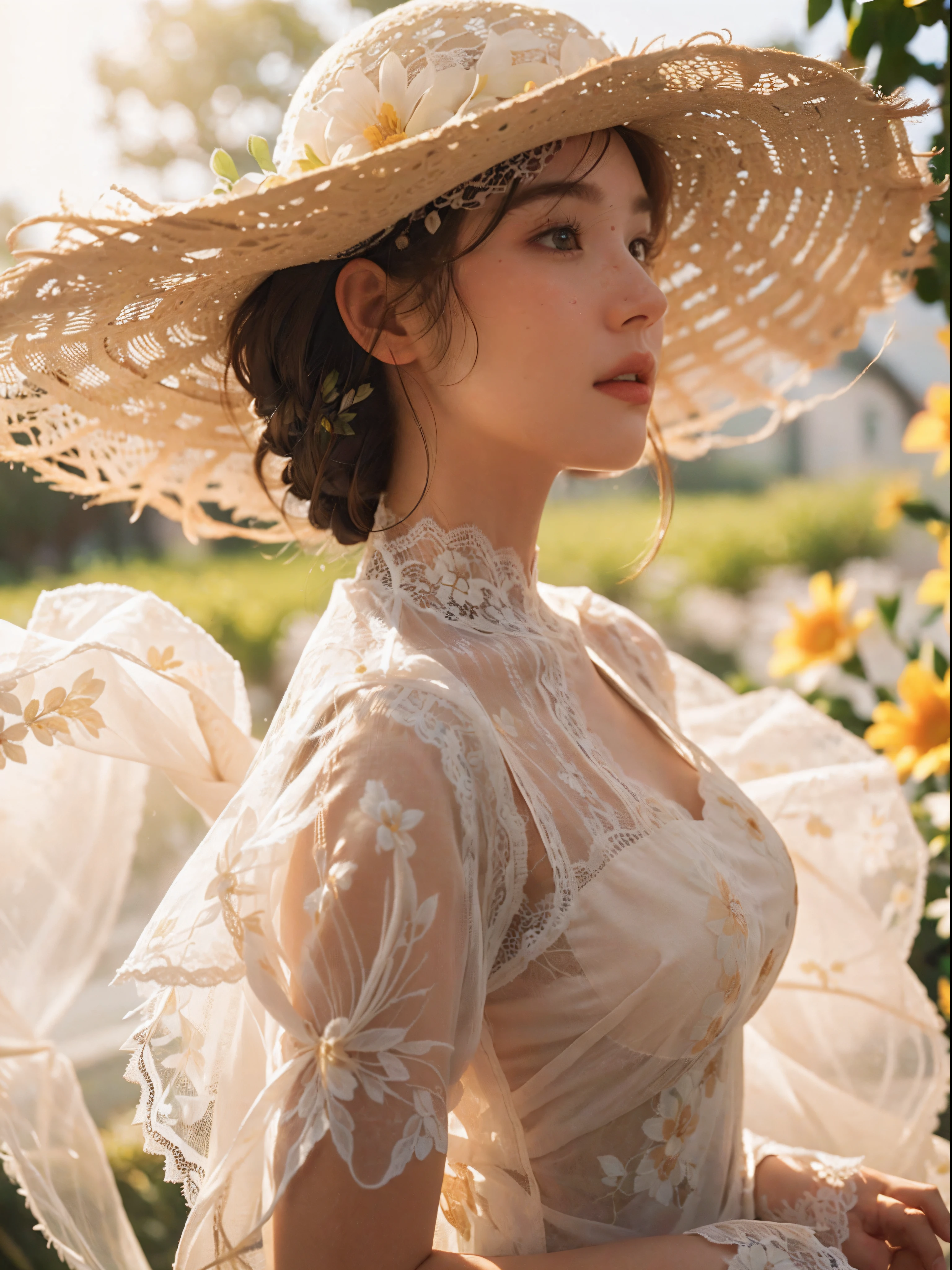 (extreme close up:1.49), (face focus:1.49), ((side face:1.47)),(1girl surrounded by soft_light:1.49), (big boobs),(backlighting:1.4), (lighting),(flowing fabric:1.3), (sheer_fabric)((Lace_Floral_summer_dress:1.5),(Straw_hat:1.3)), (masterpiece), realistic, HDR, highly detailed, 8k, raw photo, ambient occlusion, natural, harmonious composition, warm tones, fine art photography,