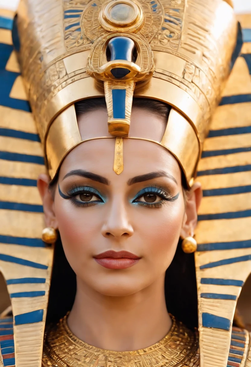 (ultra-detalhado, Altas, best quality:1.2), Pharaoh Ramses, Ancient Egyptian crown, Intricately detailed eyes with Egyptian makeup, Ancient Egyptian background, Rio Nilo, Planta de papiro, joias de ouro real, hieroglyphs, disco solar, dunas de areia, Templo majestoso, cores vibrantes, warm lighting