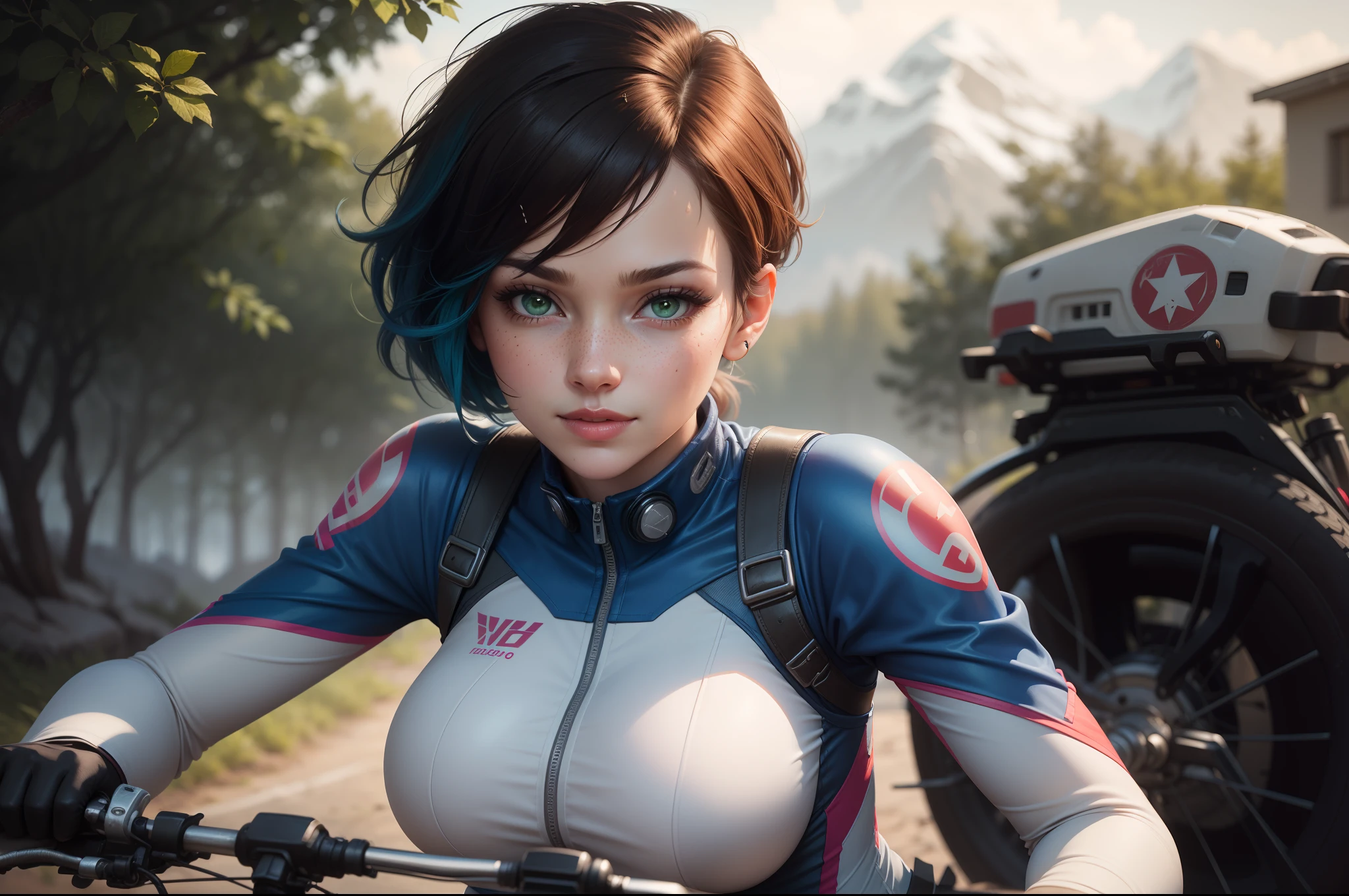 gwen tennyson,1girl,tracer,d.va,rebecca chambers,overwatch,gundam,close up,mecha pilot,mountain view,blue and silver plugsuit,hair pin,pirate corset,white long sleeve lycra top,white leggings,short hair,cute makeup,green eyes,orange and blue hair,shy smile, freckles,redhead,beautiful girl,large breasts,ultra detailed,realistic,fantasy art, cyclist jacket,riding a bicycle,wet clothes,