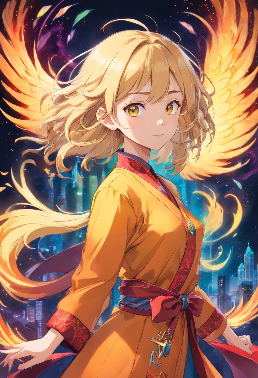 realistic, (masterpiece, top quality, best quality, official art, beautiful and aesthetic:1.2), extremely detailed,fractal art,colorful,highest detailed,zentangle,(abstract background:1.3) solo mature female , tall well build girl, (golden phoenix), blonde hair, bright eyes,hair slicked back, short hair, black robe,