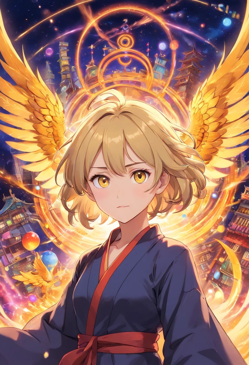 realistic, (masterpiece, top quality, best quality, official art, beautiful and aesthetic:1.2), extremely detailed,fractal art,colorful,highest detailed,zentangle,(abstract background:1.3) solo mature female , tall well build girl, (golden phoenix), blonde hair, bright eyes,hair slicked back, short hair, black robe,