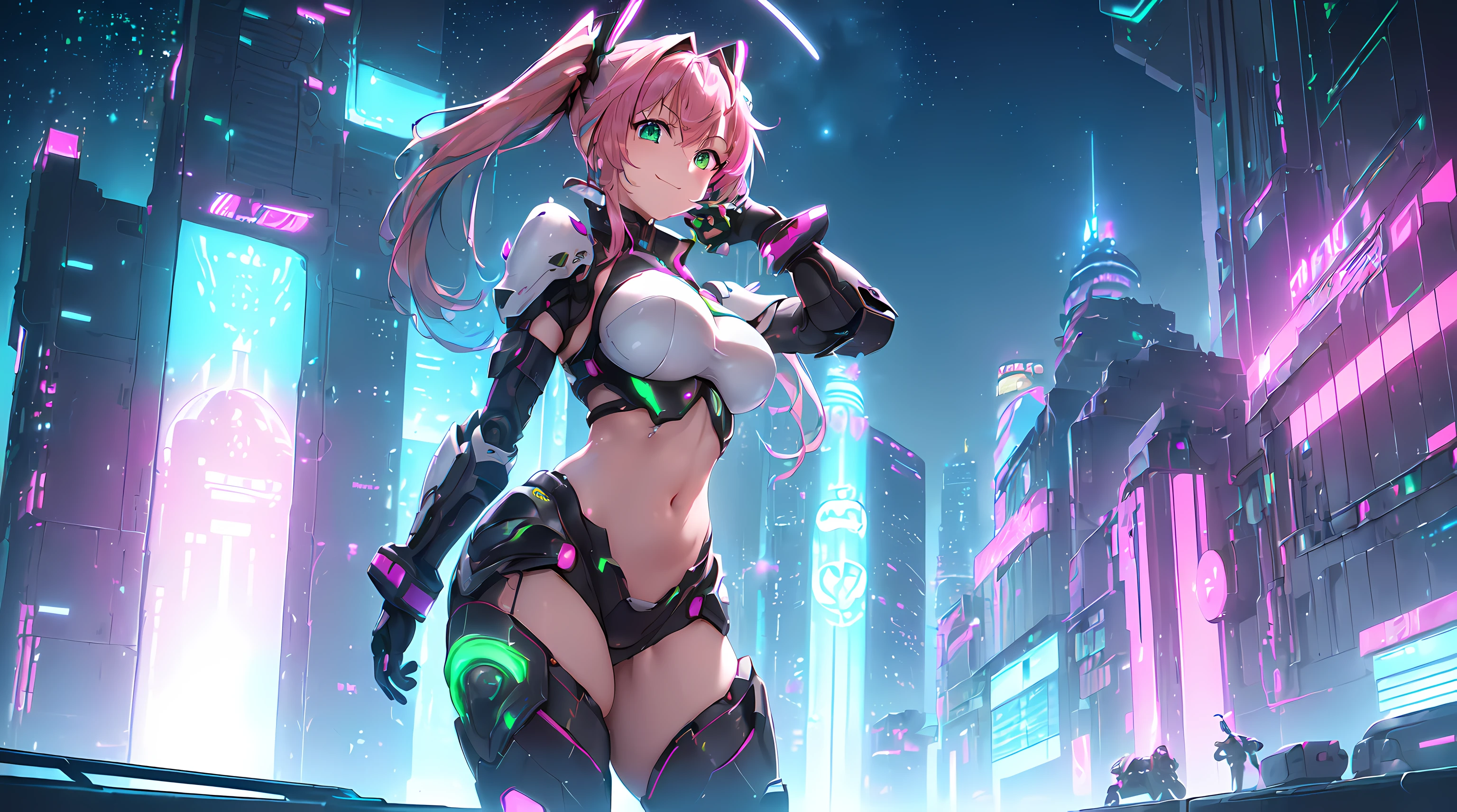 masterpiece, 1girl ((20year old, futuristic mech armor exposes navel, medium breasts, multicolor pink hair, twin ponytails, green eyes, flirting, happy, big smile, looking up, standing in the middle of a sci-fi futuristic urban street, neon lights and towering skyscrapers, futuristic and energetic atmosphere) ((nighttime)) ((high camera angle, top view))