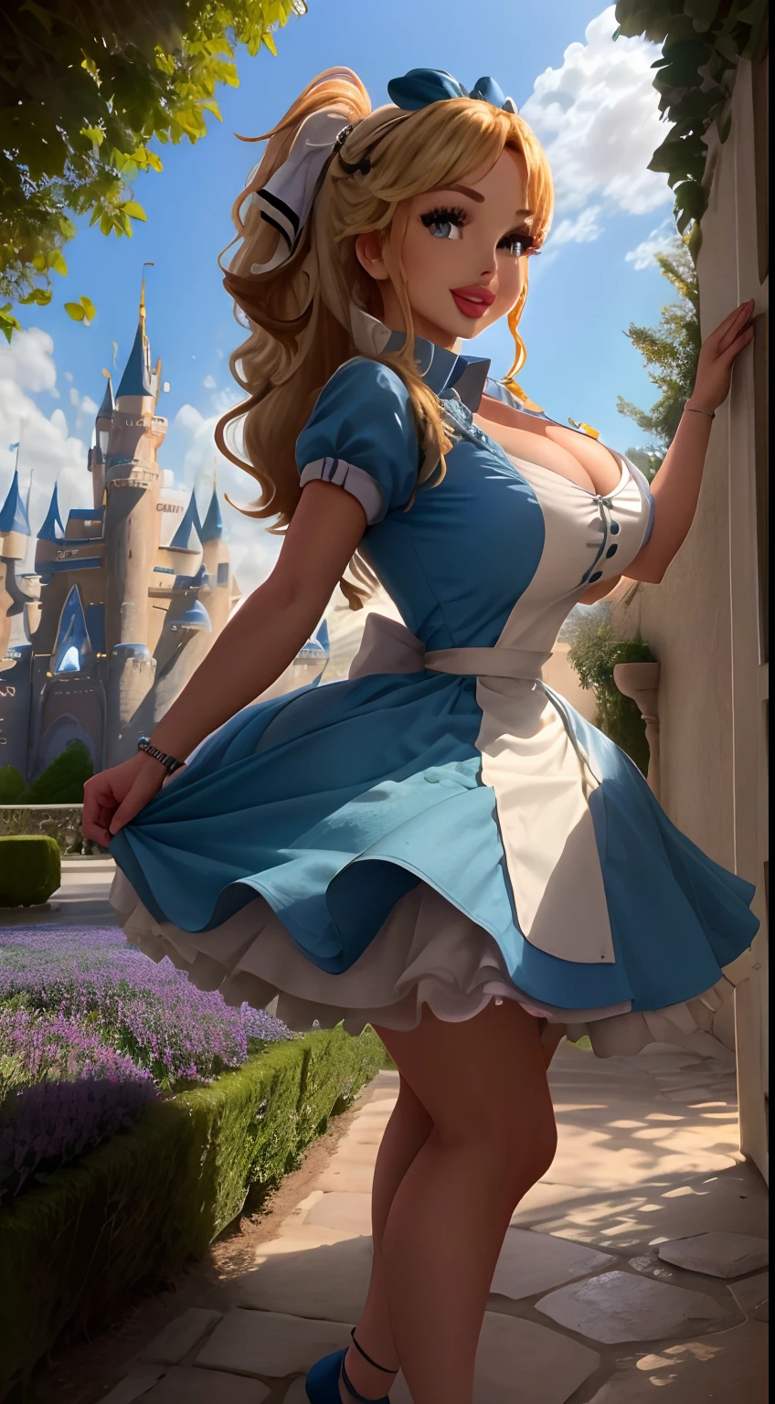 (Obra maestra), (La mejor calidad), (extremadamente detallado), Alice Liddell, vestido azul, Delantal blanco, Cinta negra para el cabello, Calcetines largos blancos, Pose linda, in a flower garden, (((Castillo de Disney al fondo))), (cielo azul), (sunny day), ..3D. illustration, Aspectos destacados, proporciones perfectas, dynamic, profesional, Galardonado, (Piel alta y detallada), (Cara alta y detallada), fotorrealista, HDR, Ultra Highres, absurdos, Forma corporal perfecta, Linda sonrisa, Figura realista, pose sexy, Teaser de pie, pecho perfecto, Postura de baile