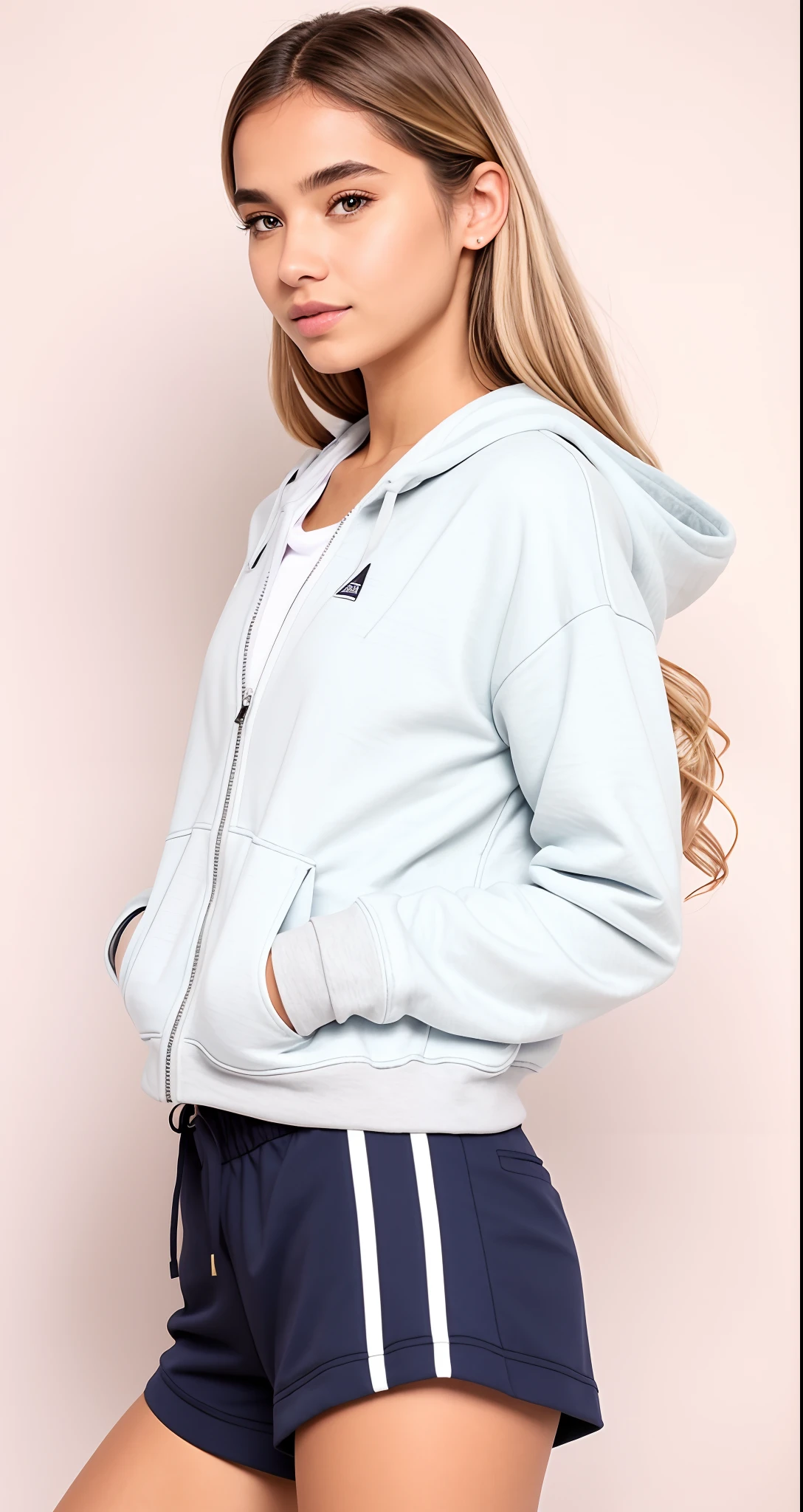 uma mulher com capuz cinza e shorts posando para uma foto, capuz cinza, capuz cinza, capuz cinza claro aberto, grey jacket,  vestindo capuz, Capuz cinza aberto, usando capuz, camisola cinzenta, Hodie Mihi Cras Tibi, vestindo um moletom cinza com capuz, Foto de perfil, com capuz, Capuz, Capuz Oversized, Side profile view, vestindo moletom