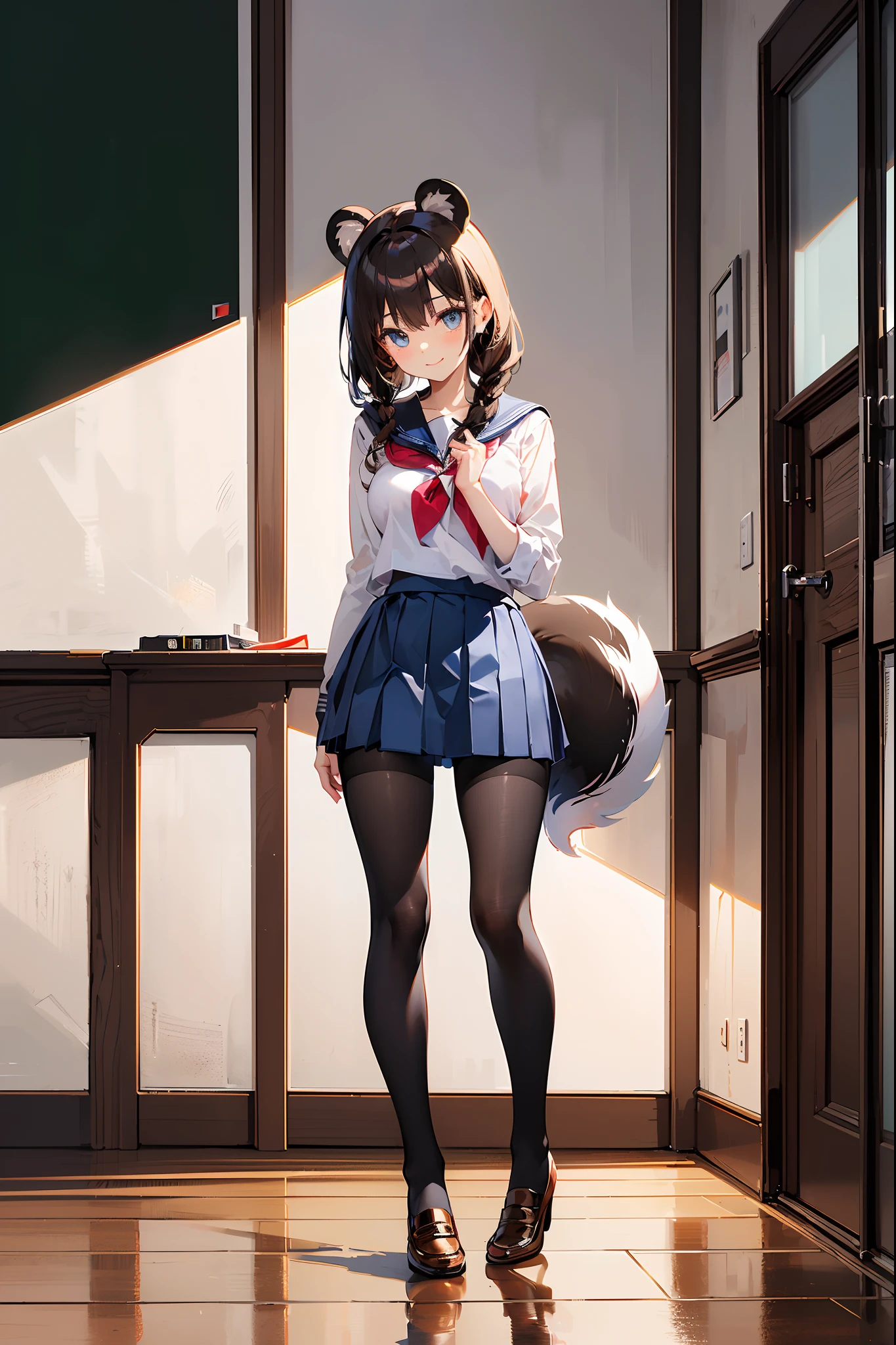 ((Masterpiece)), ((Best Quality)), (Ultra-detailed), ((Kawaii)), Cute, Sexy and erotic, ((Extremely detailed)), 4k, (8K), Best Quality, (Beautiful), Realistic, real, full body focus, school, Classroom, (Pretty skunk girl:1.5), small girl:1.4, solo, (Brown School Uniform of the USSR:1.7), apron, (Beautiful black hair with white stripes), Beautiful blue eyes, ((Beautiful eyes)), skunk tail:1.8, transparent black fur, translucent tights, Medium Breast, pantyhouse, open thighs, Heels:1.5, Smile, neonlight, reflection effect, Antro Beauty