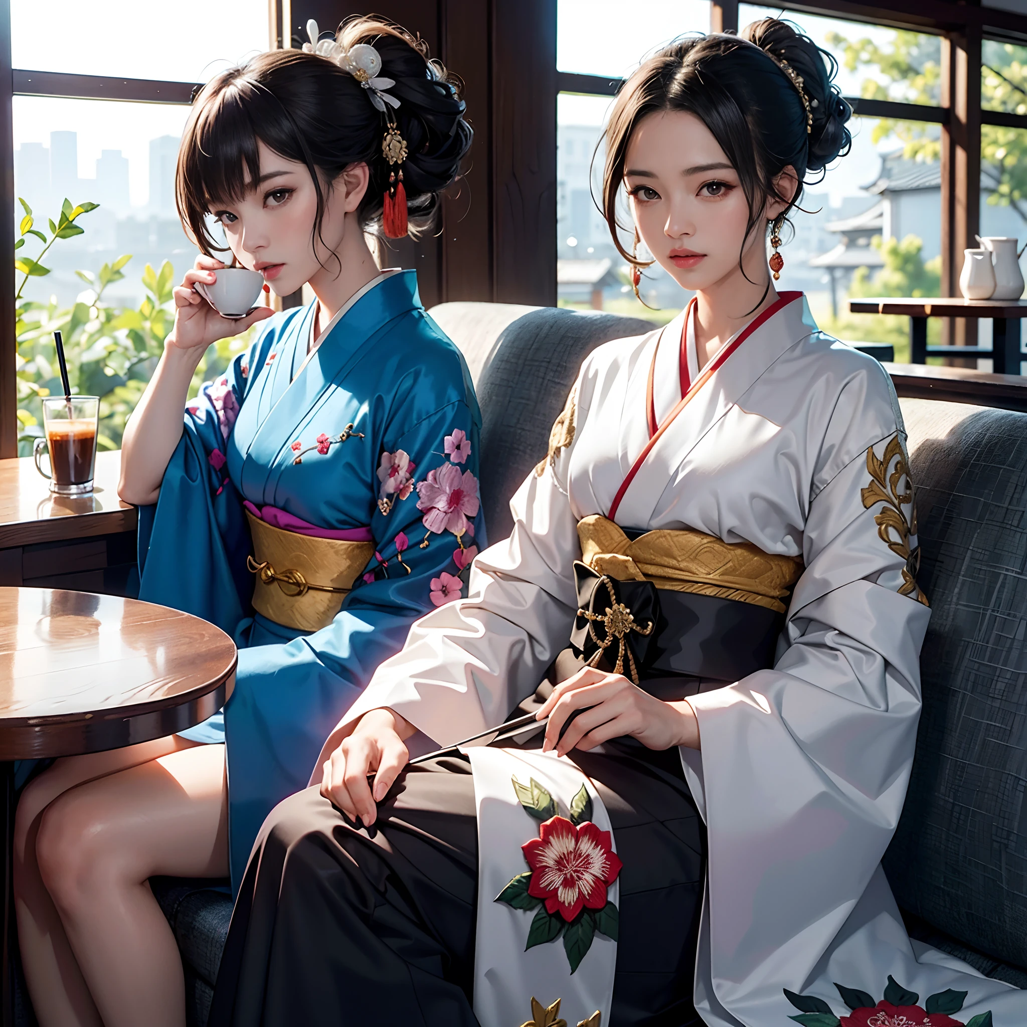 Detailed background(Stylish coffee shop(Drinking coffee)),Sitting on a chair,BREAK,elaborate costume{Luxury kimono(Colorful kimono(detailed embroidery,))}、1girl in(Japanese Idol(actress):1.2)(face perfect:1.2),Depicting a beautiful and classy adult woman,glossy dark hair(poneyTail),Heart in the eye, Wallpapers 16K,Blur the background with a sickle,((masutepiece)), ((Best Quality)),{{a portrait photo of}},full body Esbian