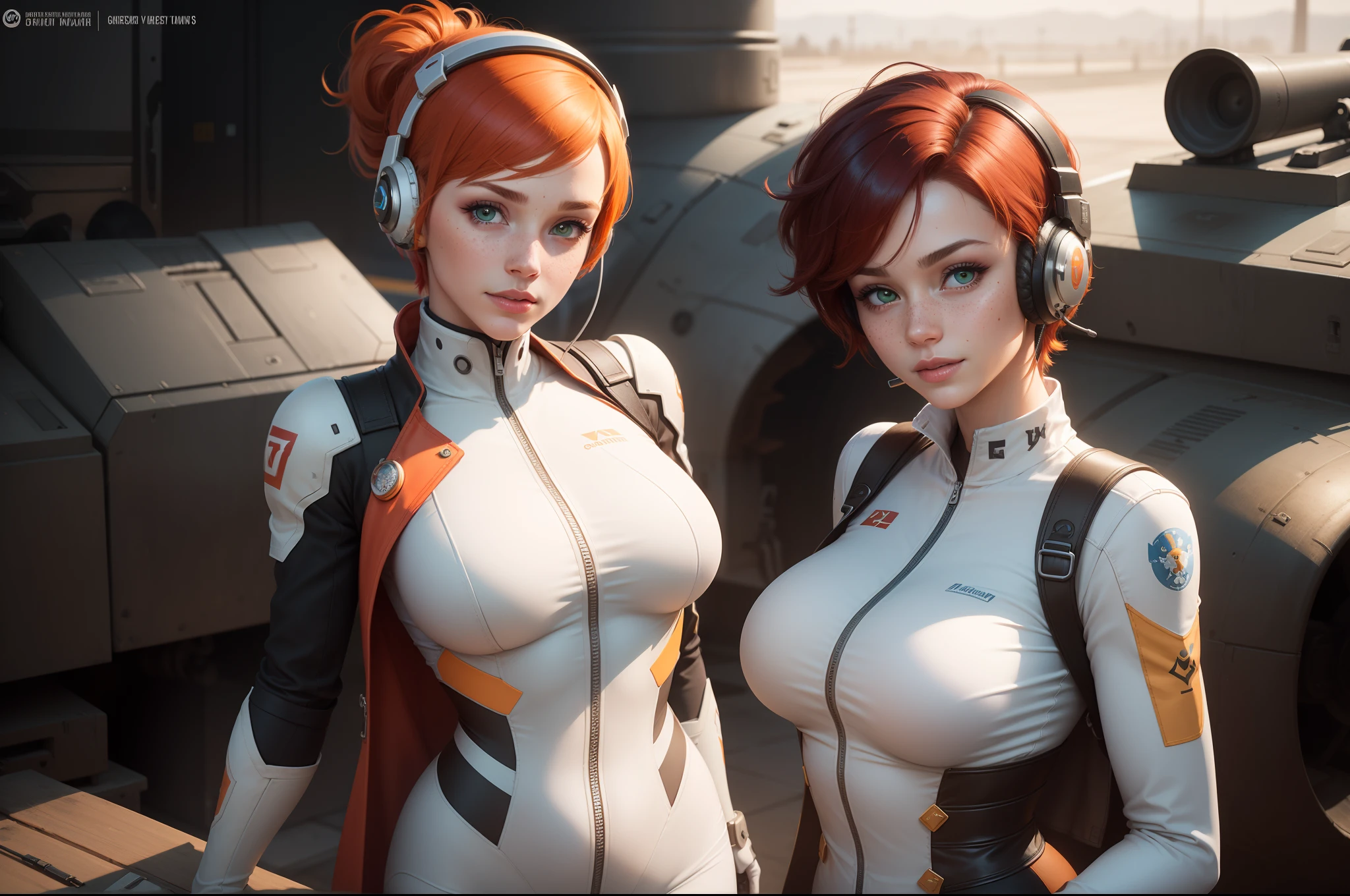 gwen tennyson,1girl,tracer,elsa,rebecca chambers,overwatch,gundam,close up,mecha pilot,battleship deck,white and blue plugsuit,hair pin,pirate corset, white long sleeve lycra top,orange leggings,short hair,cute makeup,green eyes,orange and blue hair,shy smile, freckles,redhead,beautiful girl,large breasts,ultra detailed,realistic,fantasy art, gaming headset,pilot jacket,helicopter,