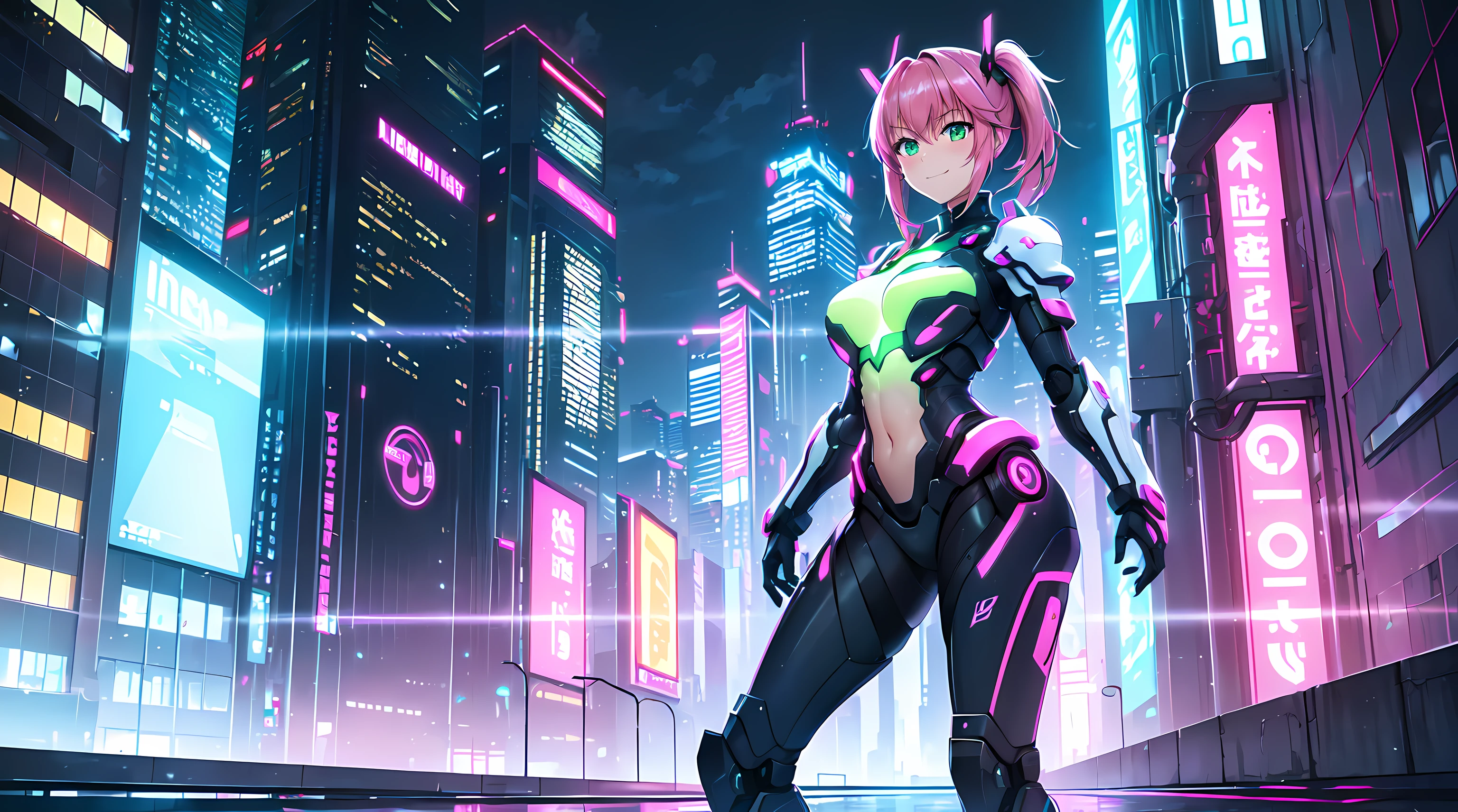 A woman in a futuristic outfit standing in a city at night - SeaArt AI