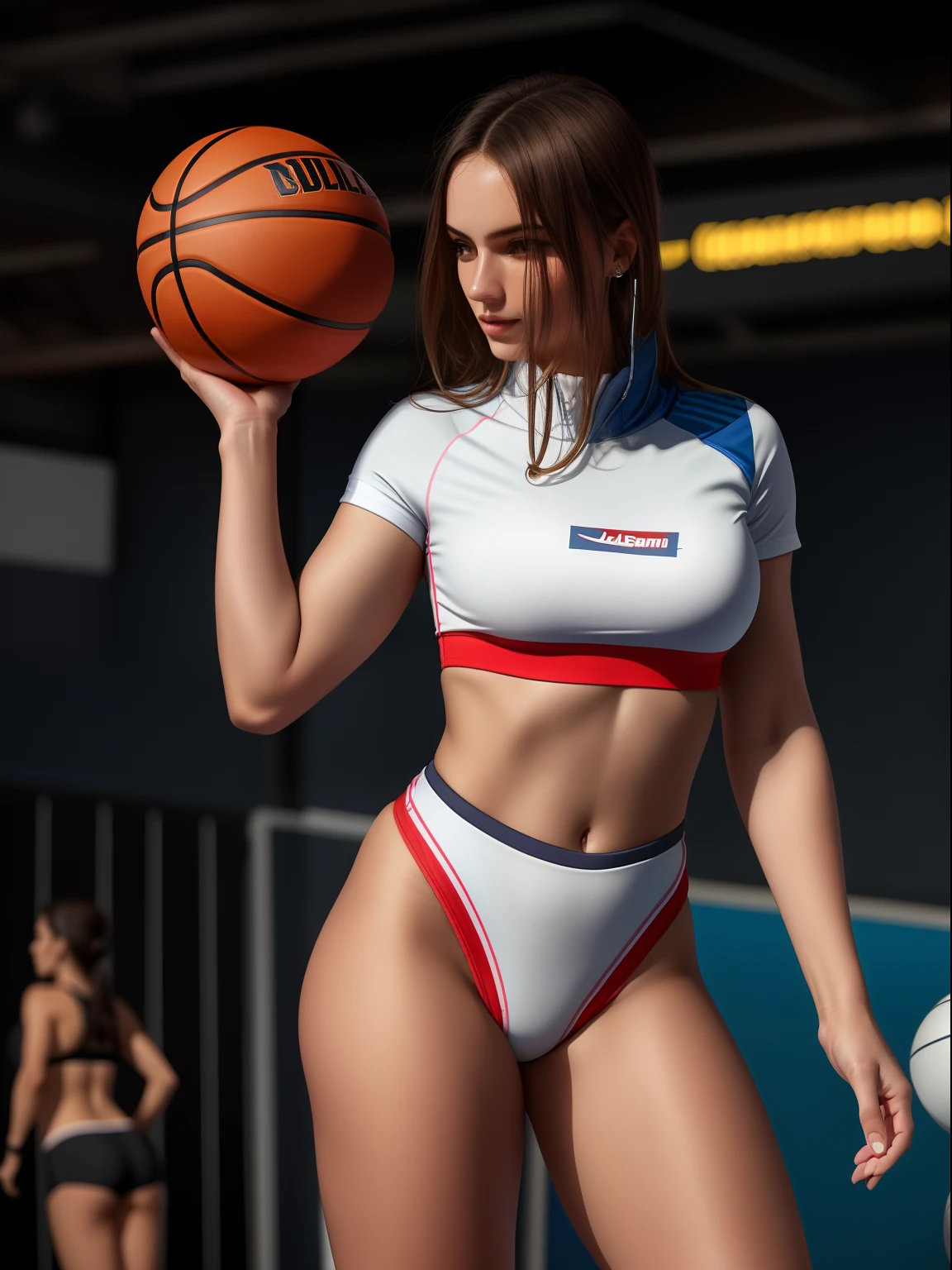 arafed woman in a bikini holding a basketball ball on a court, sporty physique, aleksandra waliszewska, dasha taran, bella poarch, sporty, basketball, viktoria gavrilenko, julia gorokhova, alina ivanchenko, anna nikonova aka newmilky, shot from the side, athletic fashion photography, nike sports, attractive, sweaty skin, sport shorts, sport bra, (skindentation:1.3),best quality