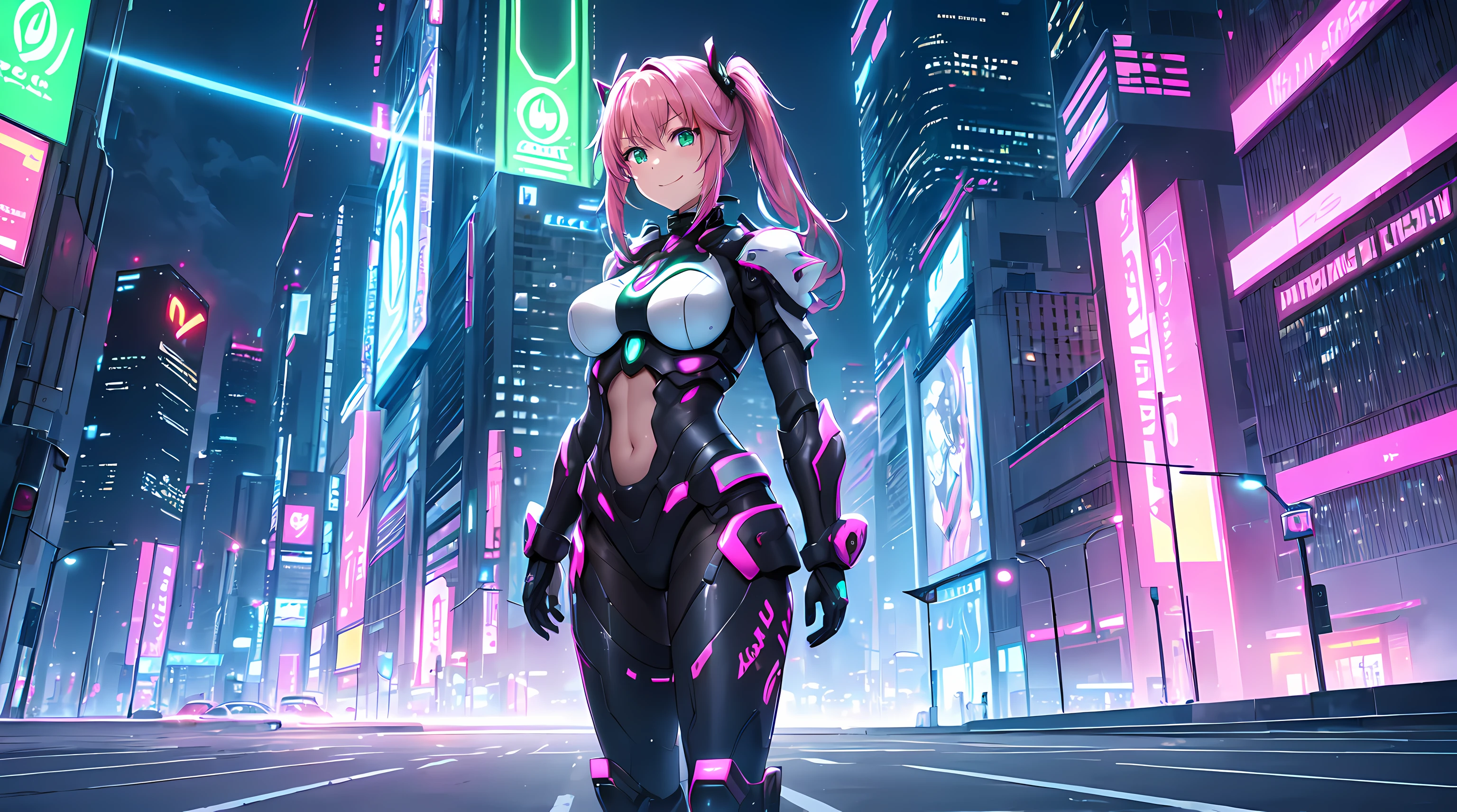 ​masterpiece, 1girl ((20year old, futuristic mech armor exposes navel, medium breasts, multicolor pink hair, twin ponytails, green eyes, flirting, happy, big smile, looking towards camera, standing in the middle of a sci-fi futuristic urban street, neon lights and towering skyscrapers, futuristic and energetic atmosphere), ((nighttime)) ((low camera angle, ground view))