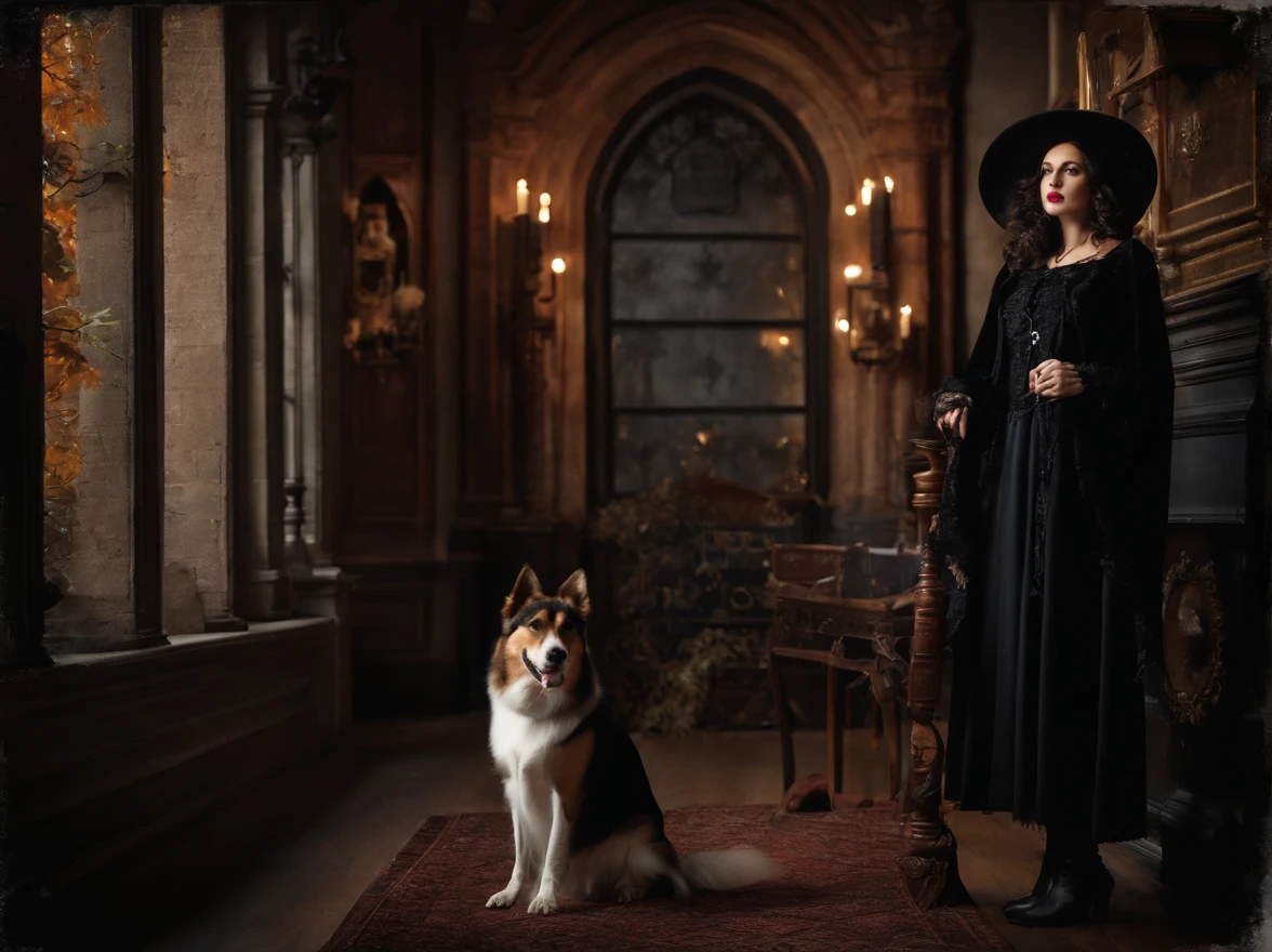 Halloween Gothic Collage Wall Art Style Vintage Dark Academy with Dog