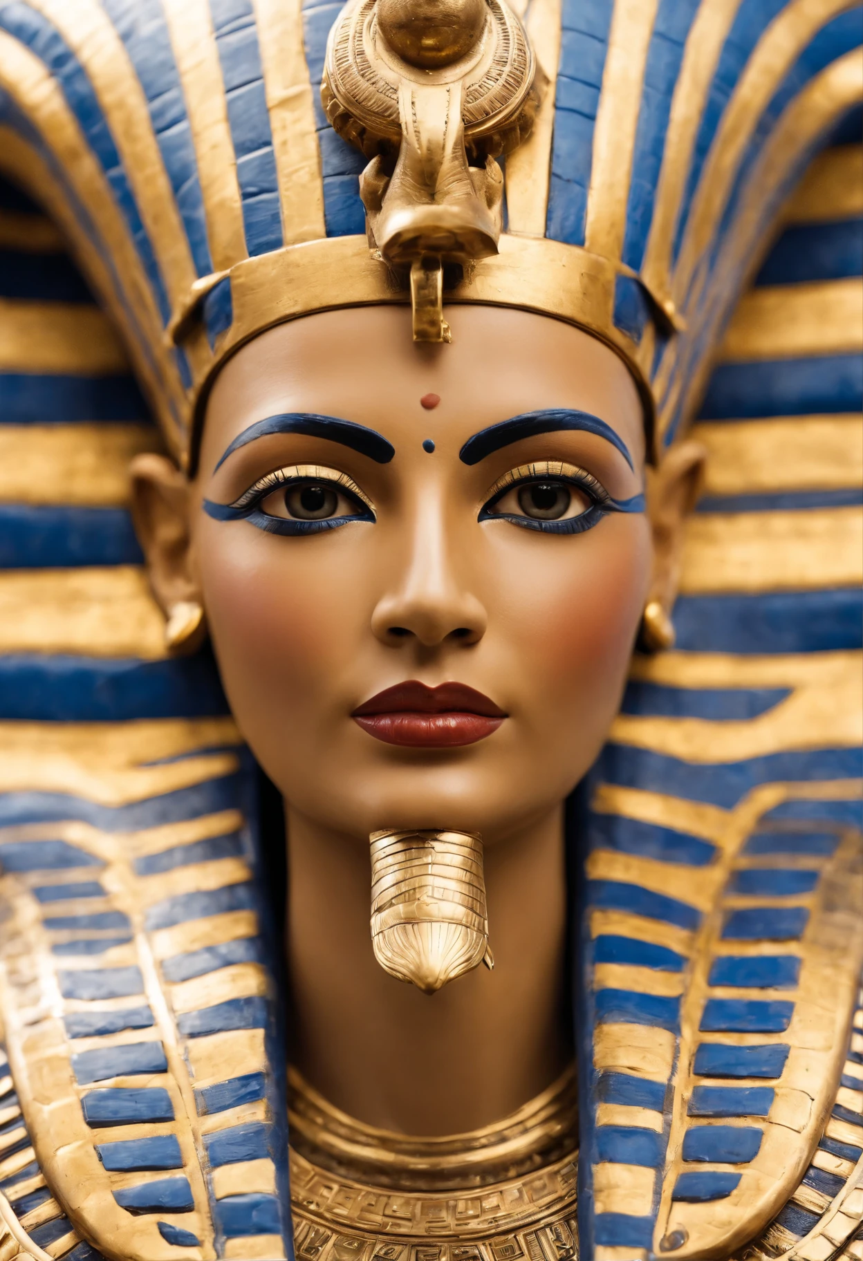 (best quality,4K,highly detailed),ancient Egyptian-style stone statue of a woman, chubby, soft skin, voluminous, seductive face expression, seductive smile, mesmerizing eyes, intricate headdress, delicate features, delicate carving details, smooth texture, captivating pose, elegant posture, radiant beauty, majestic presence, mystical aura, adorned with jewels and gold, regal attire, flowing robes, elaborate patterns, intricate engravings, rich color palette, warm earth tones, golden accents, soft lighting, dramatic shadows, mesmerizing gaze, enchanting atmosphere.