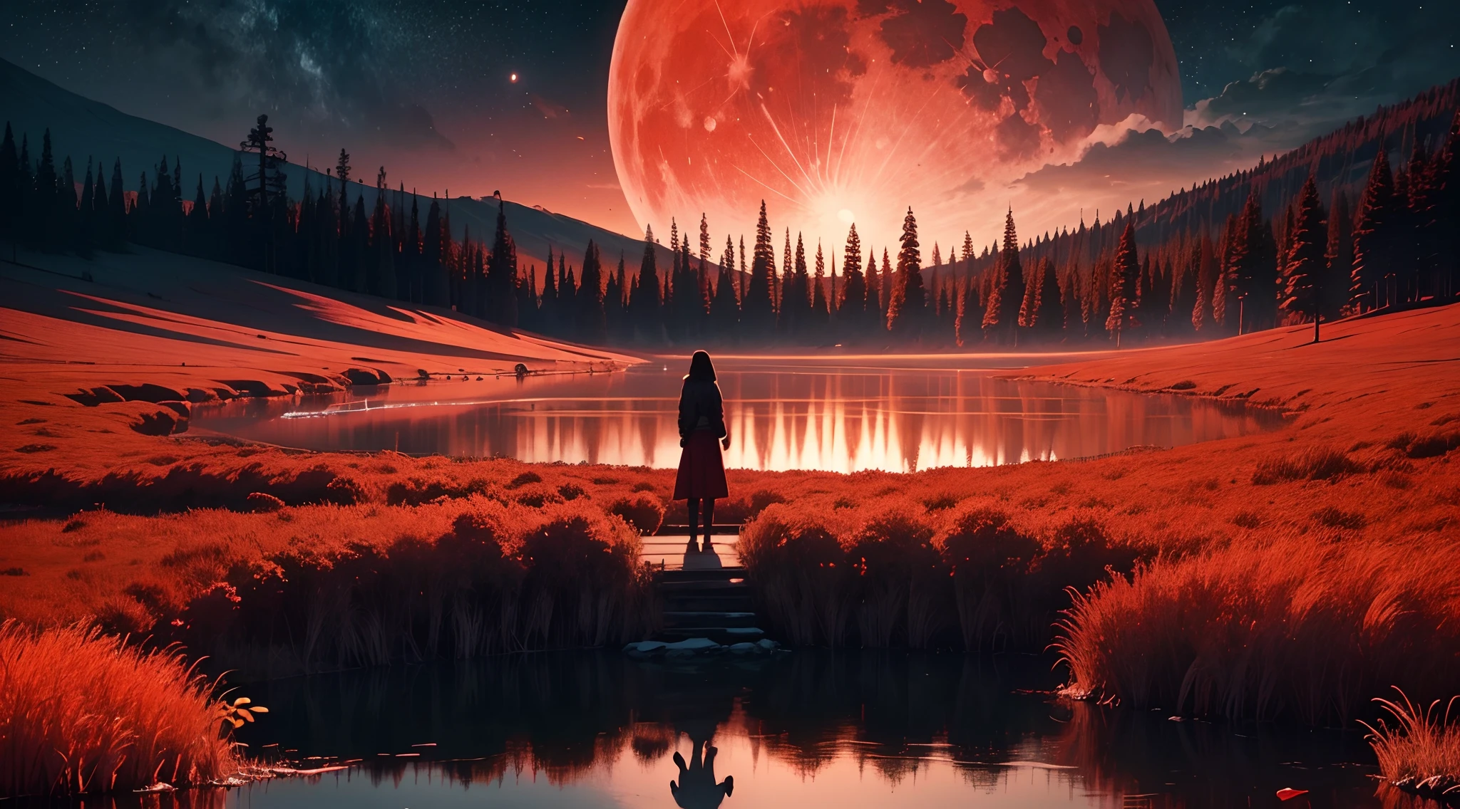 A shadow standing on a red lake with a big blazing moon behind it
image 16:9
