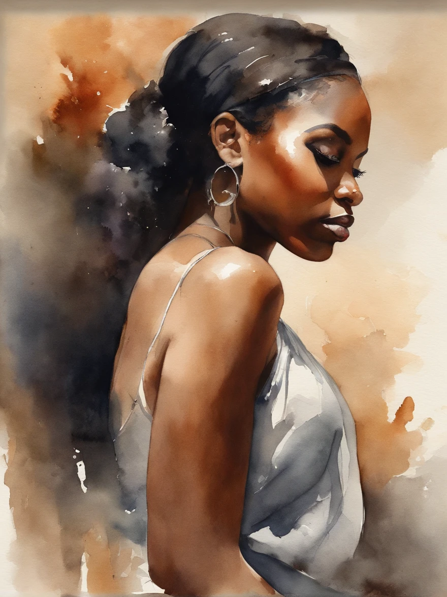 Watercolor painting of a beautiful black girl : : Trending on Artstation: : Simple composition creates a sense of order and harmony. The painting reflects the spiritual qualities of the natural world. --up light --ar 9:16