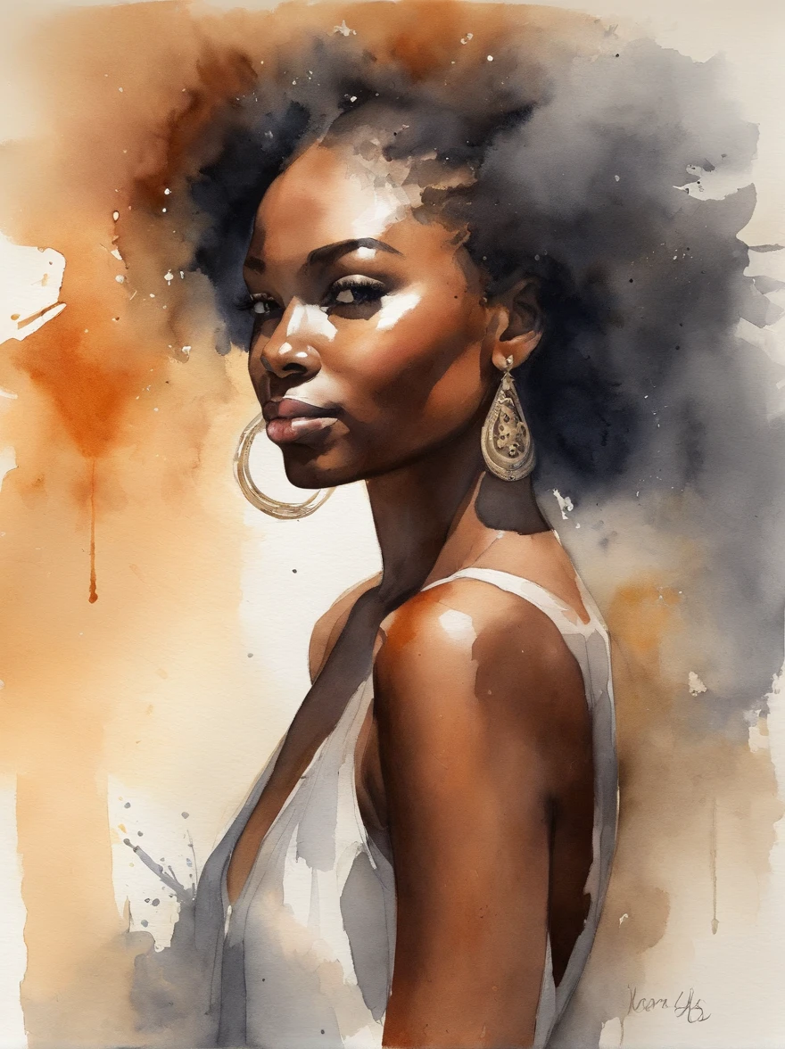Watercolor painting of a beautiful black girl : : Trending on Artstation: : Simple composition creates a sense of order and harmony. The painting reflects the spiritual qualities of the natural world. --up light --ar 9:16