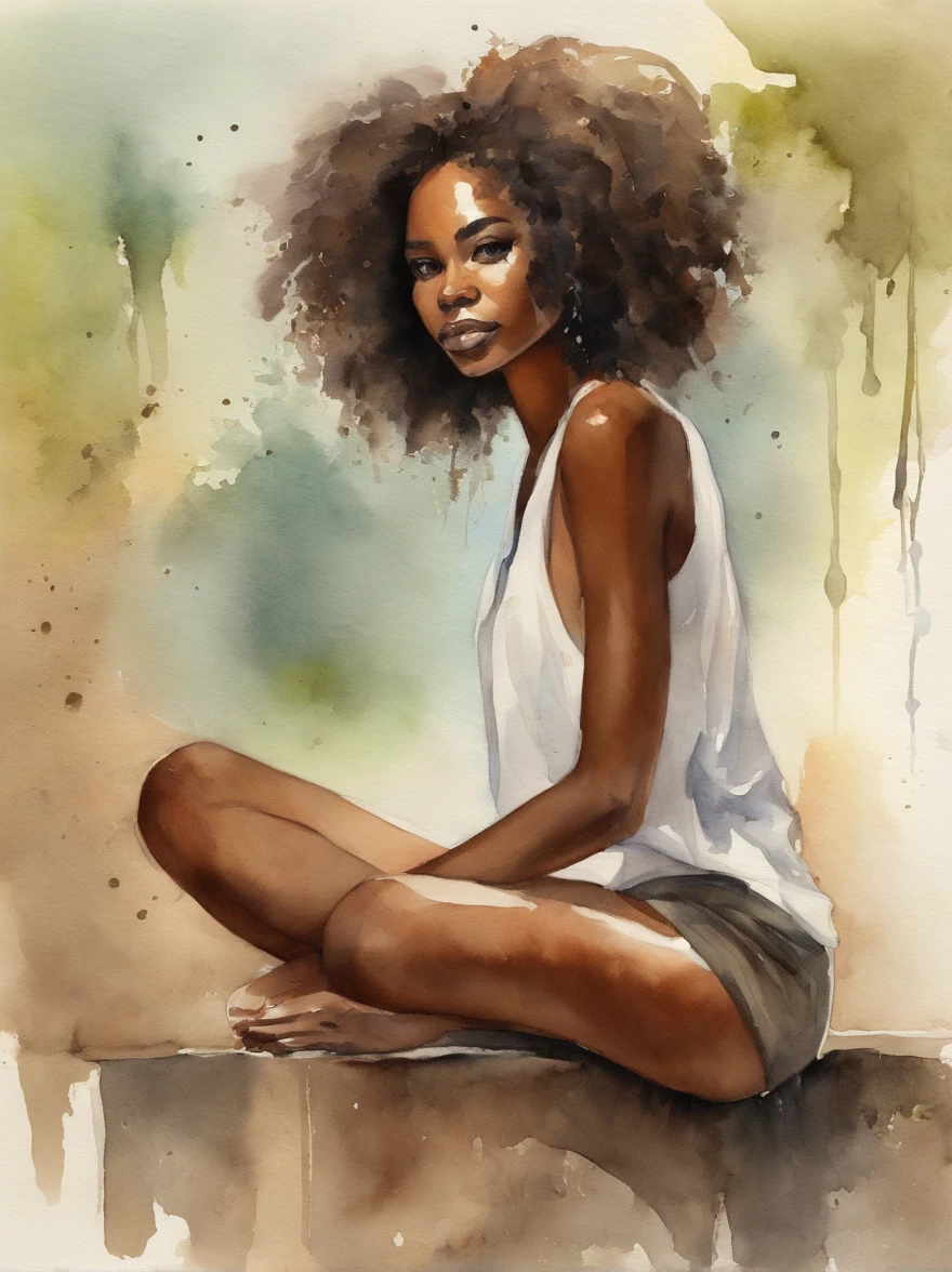 Watercolor painting of a beautiful black girl : : Trending on Artstation: : Simple composition creates a sense of order and harmony. The painting reflects the spiritual qualities of the natural world. --up light --ar 9:16