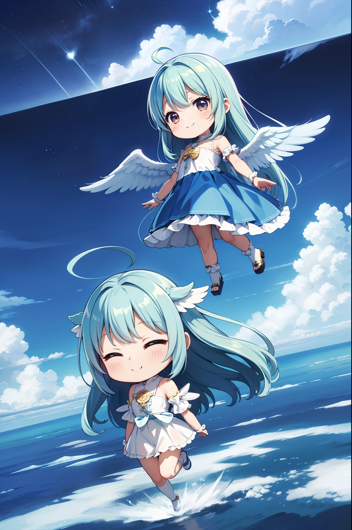 angelicales Chibichara large wings on the back、Flying comfortably in the sky adorable smiling long hair with blue hair((Chibi Chara))、Fluffy、girl with、Chibi Chara、full body Esbian、angel costume、Pastel colors hair、masutepiece、top-quality、Vast landscape in the background(a picture)