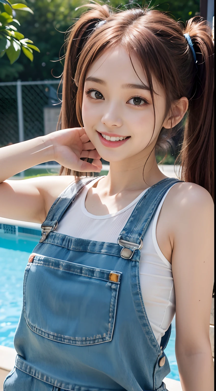 (Best Quality,4K,High resolution), 18yo woman, Pink mesh hair on brown hair, Hair has long twin tails, Innocence，small nose、eye liner、long lashes、kawaii、huge smile，White teeth、 Pink tank top、Short denim overalls，Comical appearance，noisy，comic strip，animesque，Deformed cute illustration，、in poolside、、Delicately expresses realistic skin texture、Muscle texture reproduction、Full body projection、Comical poses、Expressed throughout the body