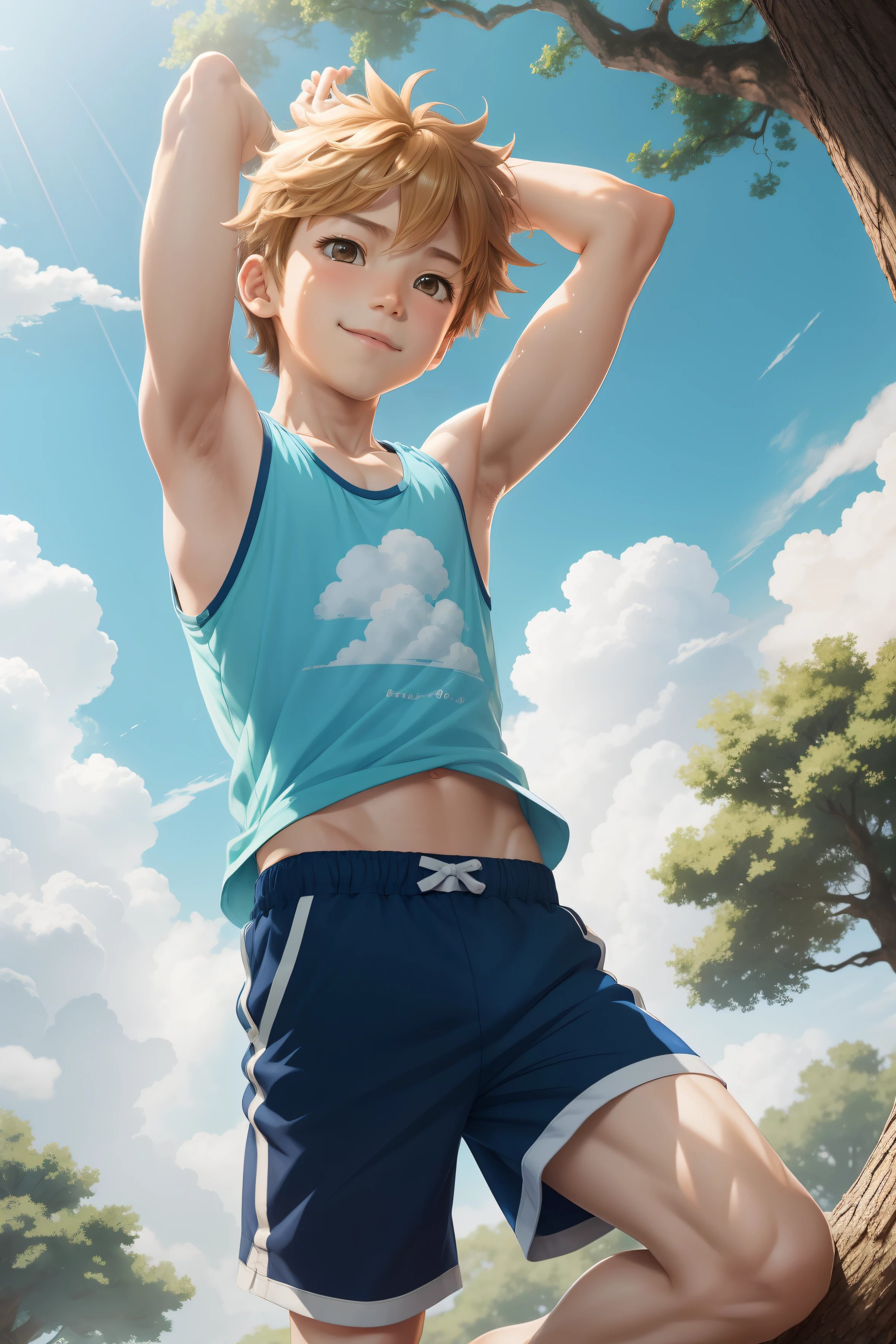 Anime style,Summer sky、Into the cloud、1boy,Little Boy,Boy climbing a large oak tree towering over a hill。Cheerful boy。Tank Tops、breeches、sneakers、show his armpit, focus on the armpit, shine closer to the armpit。boy focus