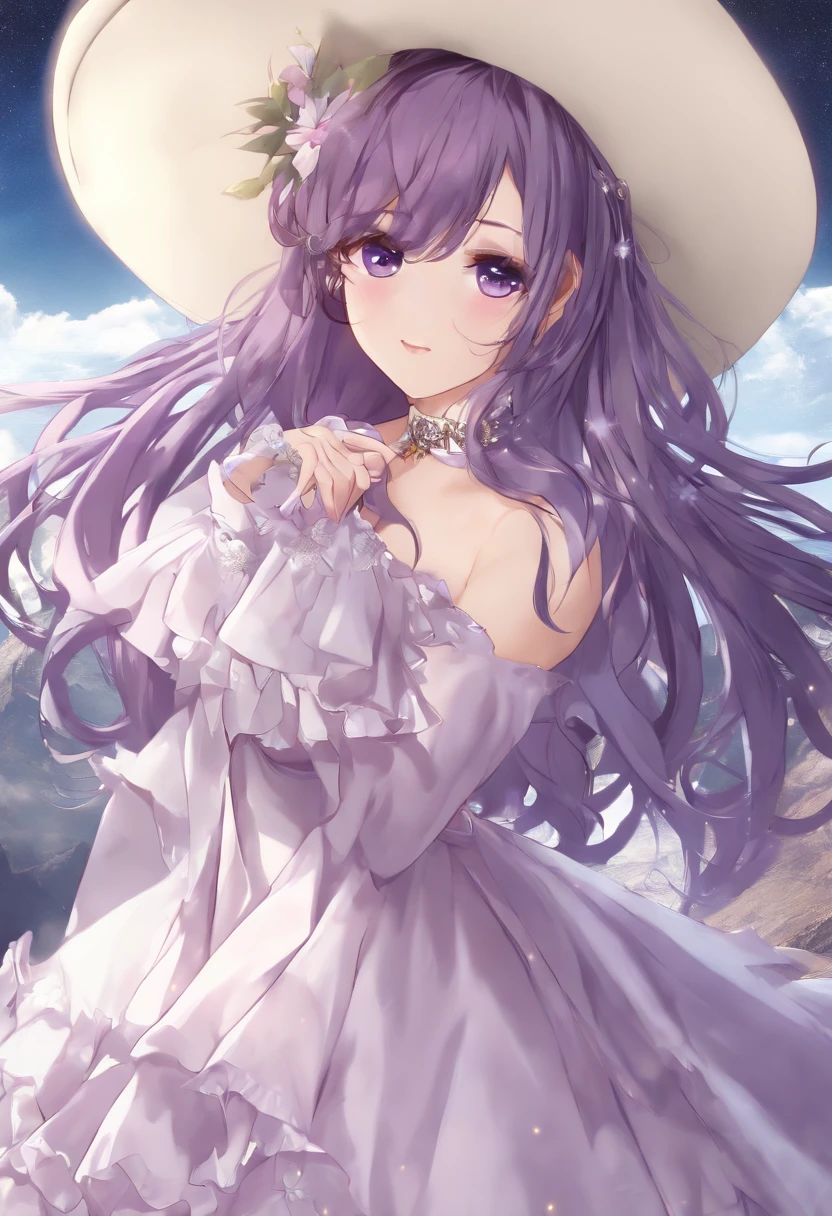 lacusclyne, lacus clyne, (purple eyes:1.1), hair ornament, long hair, wave hair ornament, pink hair, smile,
BREAK dress, long dress, long sleeves, white sleeves, frills frilled skirt, frilled sleeves, detached sleeves, bare shoulders, purple skirt, purple frills,
BREAK looking at viewer, (cowboy shot:1.5),
BREAK outdoors, space, star \(sky\), sun, 
BREAK (masterpiece:1.2), best quality, high resolution, unity 8k wallpaper, (illustration:0.8), (beautiful detailed eyes:1.6), extremely detailed face, perfect lighting, extremely detailed CG, (perfect hands, perfect anatomy),