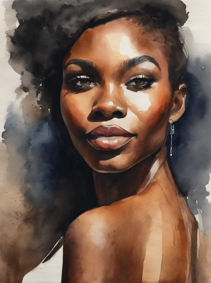 Watercolor painting of a beautiful black girl : : Trending on Artstation: : Simple composition creates a sense of order and harmony. The painting reflects the spiritual qualities of the natural world. --up light --ar 9:16