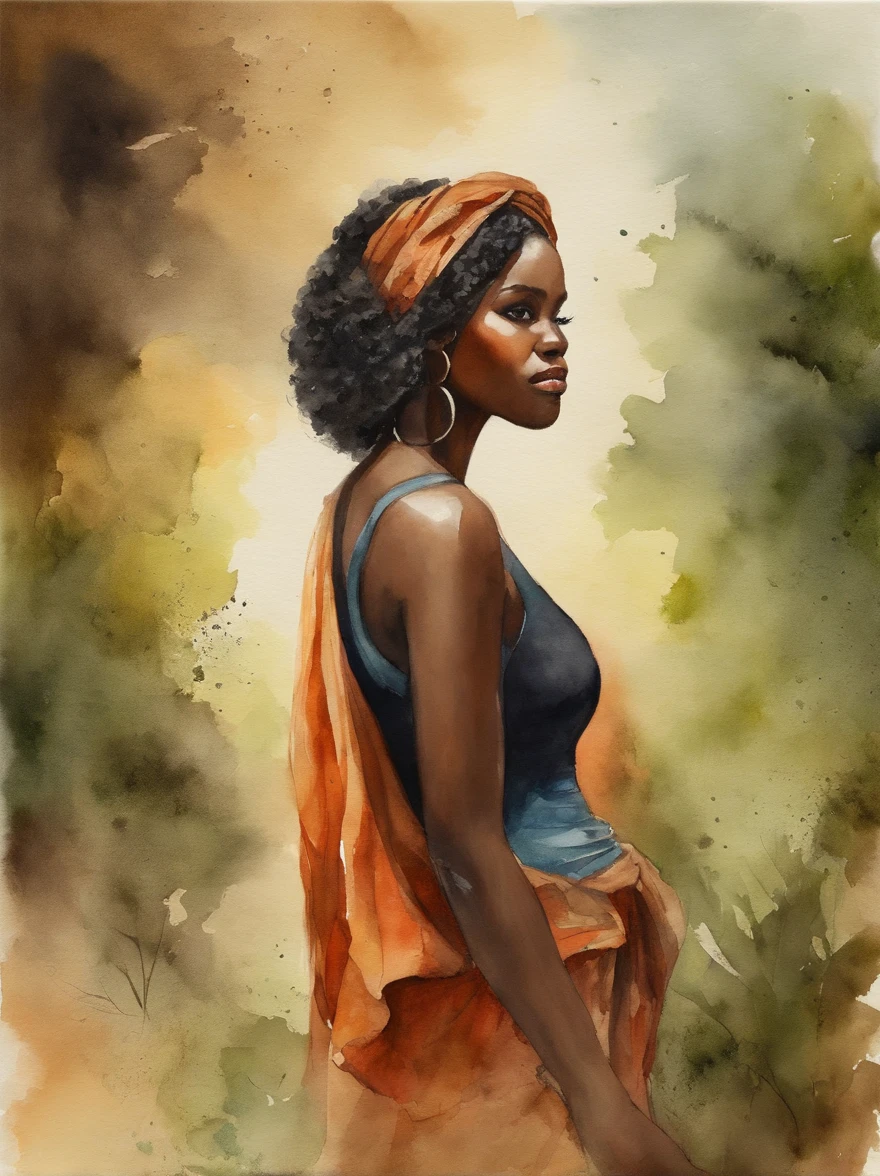 Watercolor painting of a beautiful black girl : : Trending on Artstation: : Simple composition creates a sense of order and harmony. The painting reflects the spiritual qualities of the natural world. --up light --ar 9:16