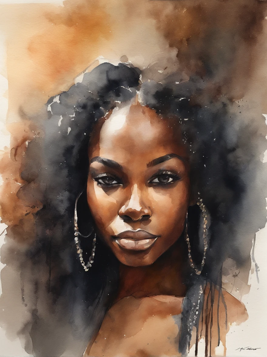 Watercolor painting of a beautiful black girl : : Trending on Artstation: : Simple composition creates a sense of order and harmony. The painting reflects the spiritual qualities of the natural world. --up light --ar 9:16