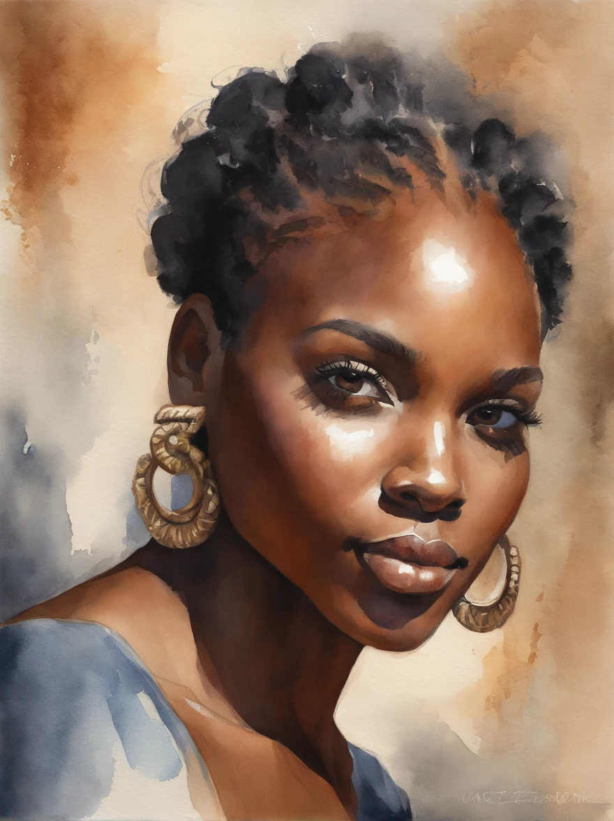 Watercolor painting of a beautiful black girl : : Trending on Artstation: : Simple composition creates a sense of order and harmony. The painting reflects the spiritual qualities of the natural world. --up light --ar 9:16