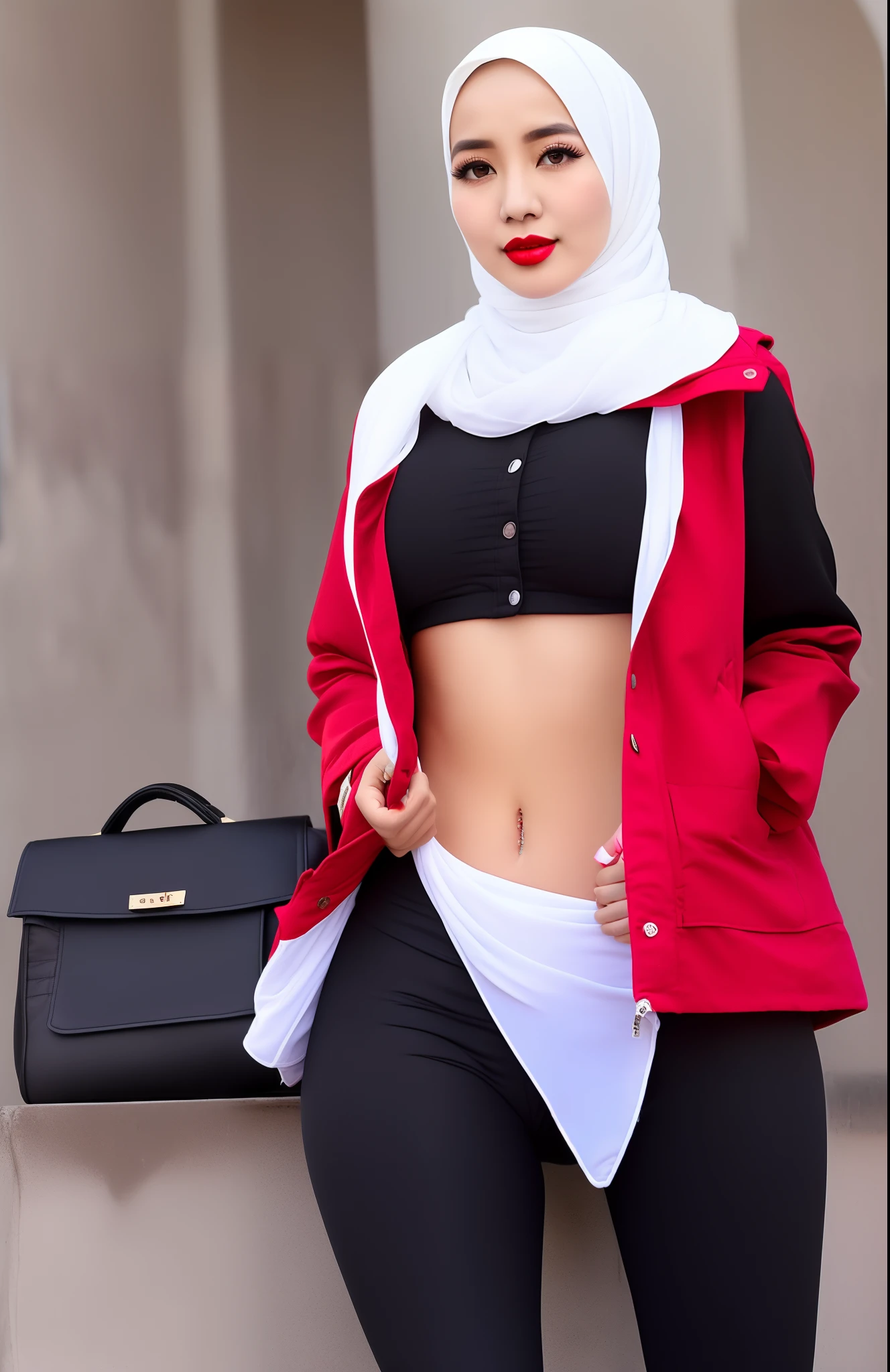 (((White hijab)), long hijab, full hijab, close hijab (( red Jacket, black shirt, black leggings)), (realistic photo, face and skin, detalied face, detalied lips, detalied eyes, detalied body), (big butt and big breasts), from asia,