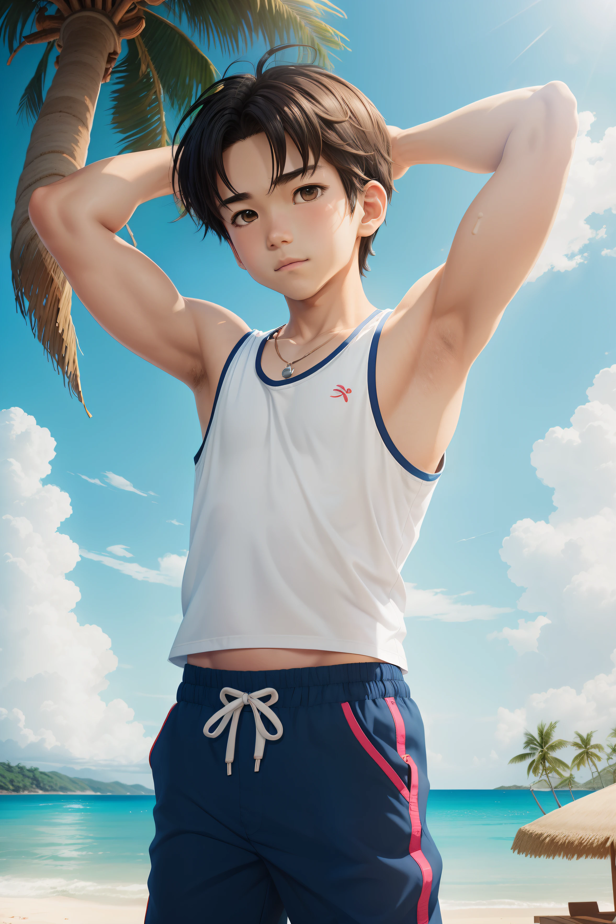 Anime style,Summer sky、Into the cloud、1boy,Little Boy,beach, coconut tree, Cheerful boy。Tank Tops、body only, mesy hair、(show his armpit, focus on the armpit, shine closer to the armpit), boy focus