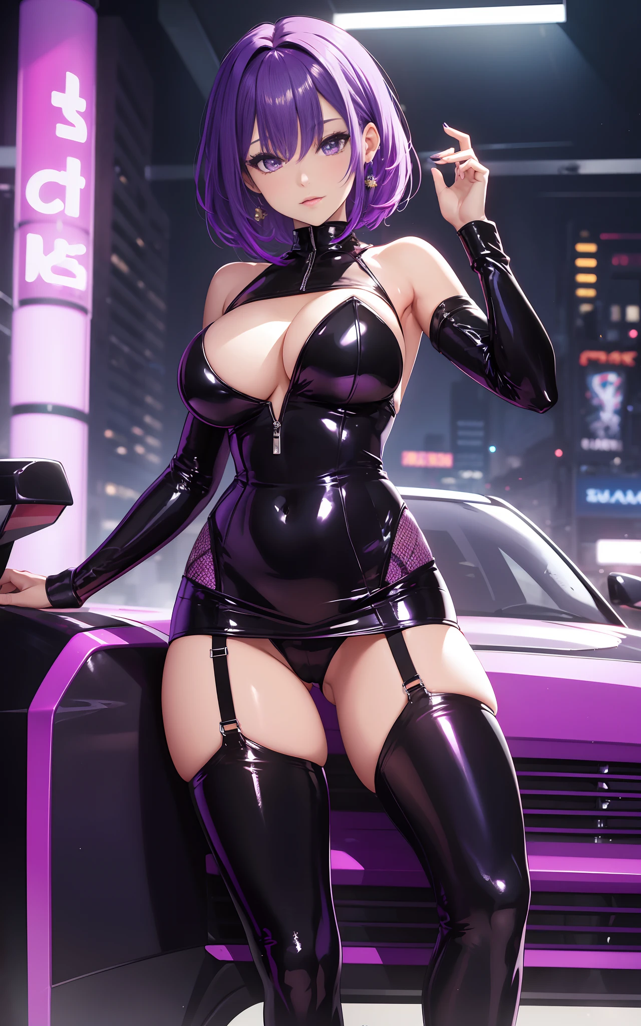 masterpiece, high quality, beautiful girl, waist shot, body stocking, full body, high heels, short neon purple hair, black latex miniskirt, garter belt, translucent chest