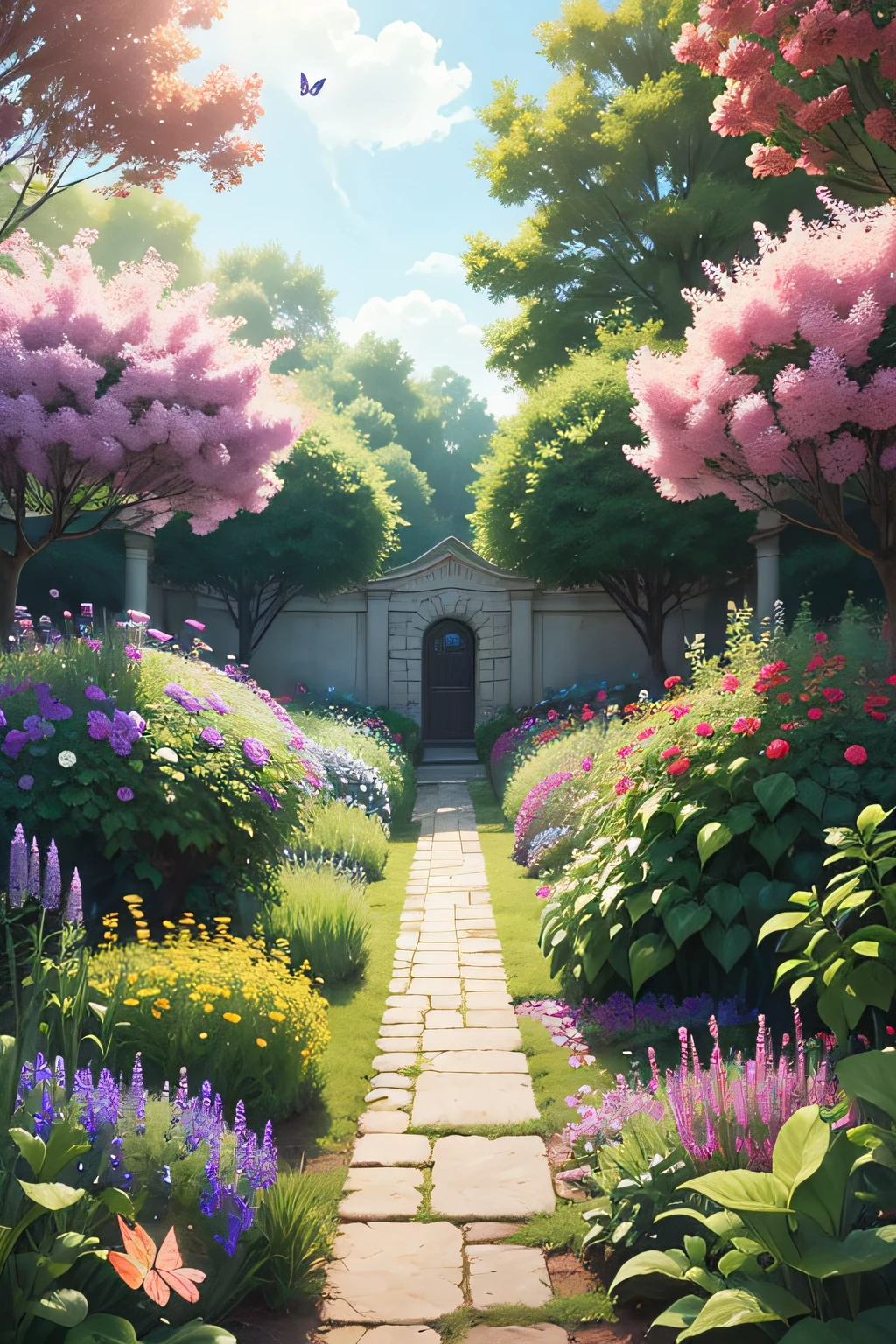 butterflies flying over a flowery and cheerful garden with everything realistic and colorful