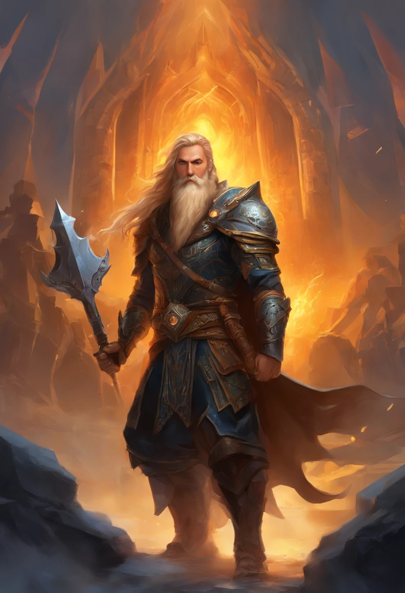arafed, (male: 1.3), dwarf, (Masterpiece, intense details: 1.5) sorcerer, (Masterpiece 1.5, intense details), casting a spell (Masterpiece 1.3, intense details), full body, wearing heavy (black armor: 1.2) with spikes (Masterpiece, intense details: 1.2), orange cloak with (Hammer and anvil symbol: 1.1), flowing cloak (holy symbol hammer and anvil: 1.2), armed with a shield in the left hand: 1.3) , blond hair, long braided beard, hair strand, frown, serious, high detail, Realism, Action painting, depth of field, god rays, wide shot, panorama, Ultra-Wide Angle, UHD, super detail, high quality, photorealism, 16K, highres