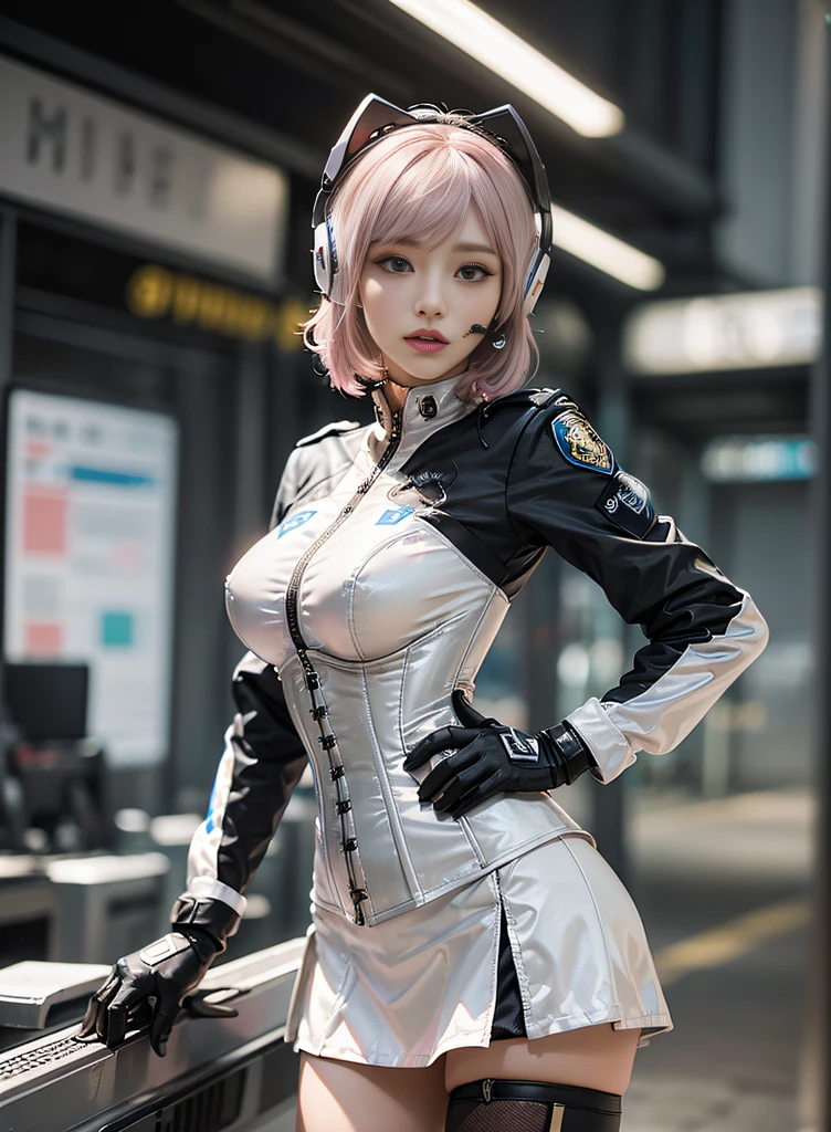 (Top Quality, Ultra High Definition, Photorealistic: 1.4), (cowboy shot:1), 1 Beautiful Girl, (Kpop Idol), Detailed Face, (Hair Style:Pink:0.6Silver:0.4, fullbang, shortbob-style:1), Contrapposto, Perfect Anatomy, Smooth Skin, Professional Lighting, (wear color white black silver),((wearing Futuristic Police Racing Suits, low-mini-skirt, police wappen, High-tech Headset, military gun-corset, racing gloves, machinegun)), (Cloths colors based on pink silver white black), (background, backstrage),