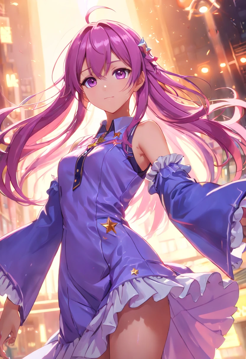 lacusclyne, lacus clyne, (purple eyes:1.1), hair ornament, long hair, wave hair ornament, pink hair, smile,
BREAK dress, long dress, long sleeves, white sleeves, frills frilled skirt, frilled sleeves, detached sleeves, bare shoulders, purple skirt, purple frills,
BREAK looking at viewer, (cowboy shot:1.5),
BREAK outdoors, space, star \(sky\), sun, 
BREAK (masterpiece:1.2), best quality, high resolution, unity 8k wallpaper, (illustration:0.8), (beautiful detailed eyes:1.6), extremely detailed face, perfect lighting, extremely detailed CG, (perfect hands, perfect anatomy),