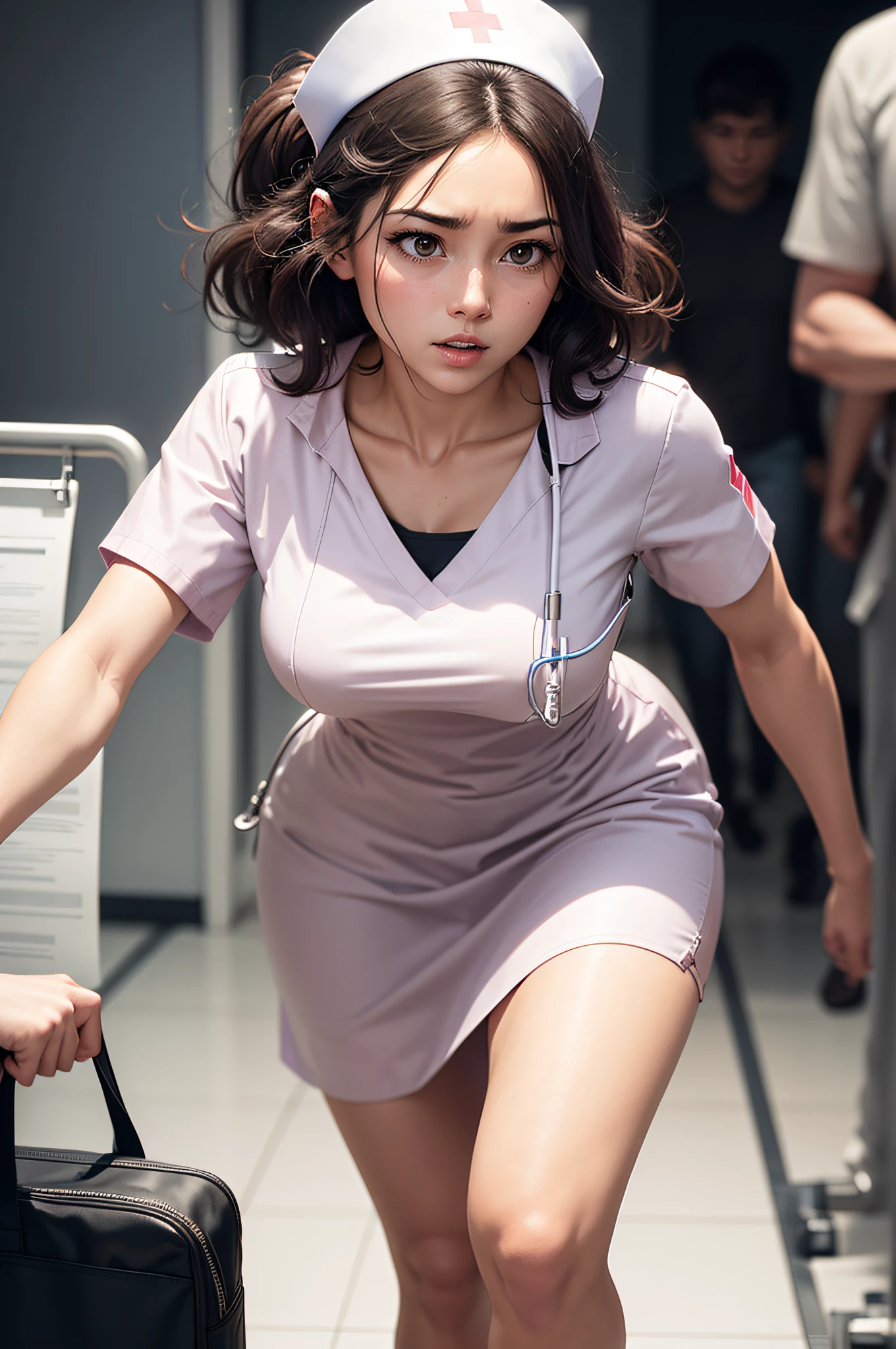 a strong hard-working nurse rushing a to help sick people into the emergency room, with a lot of sick people in the hospital, she is really confident.