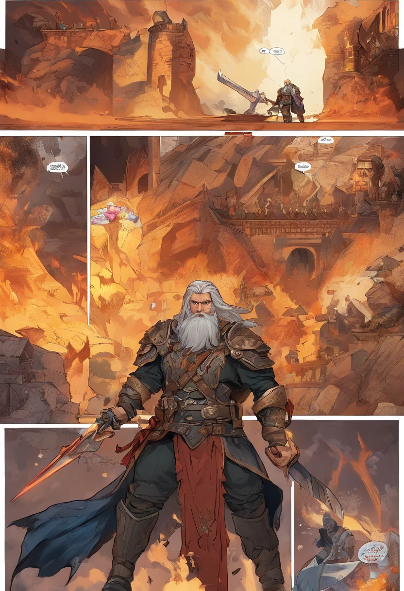 arafed, (male: 1.3), dwarf, (Masterpiece, intense details: 1.5) sorcerer, (Masterpiece 1.5, intense details), casting a spell (Masterpiece 1.3, intense details), full body, wearing heavy (black armor: 1.2) with spikes (Masterpiece, intense details: 1.2), orange cloak with (Hammer and anvil symbol: 1.1), flowing cloak (holy symbol hammer and anvil: 1.2), armed with a shield in the left hand: 1.3) , blond hair, long braided beard, hair strand, frown, serious, high detail, Realism, Action painting, depth of field, god rays, wide shot, panorama, Ultra-Wide Angle, UHD, super detail, high quality, photorealism, 16K, highres