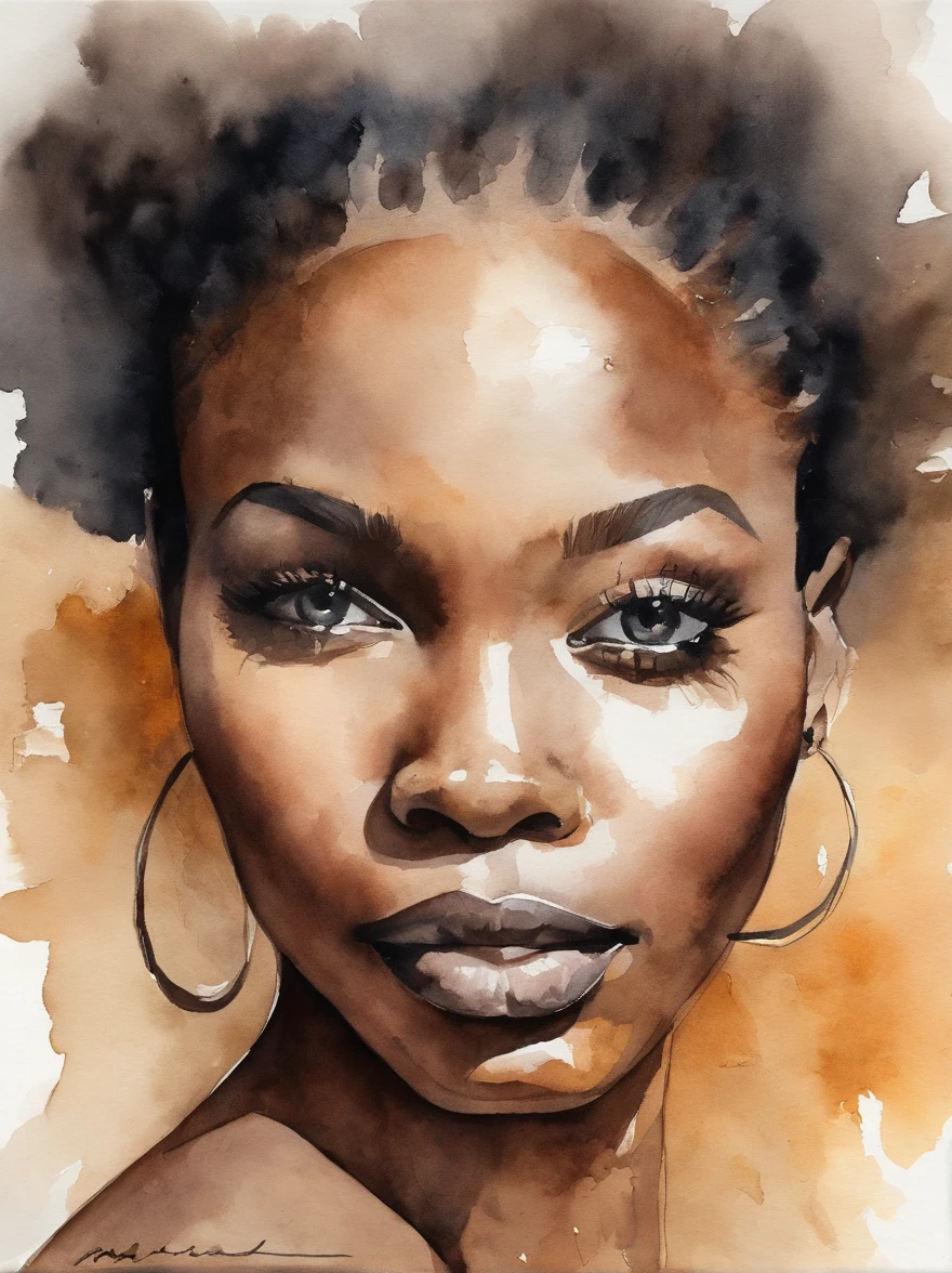 Watercolor painting of a beautiful black girl : : Trending on Artstation: : Simple composition creates a sense of order and harmony. The painting reflects the spiritual qualities of the natural world. --up light --ar 9:16